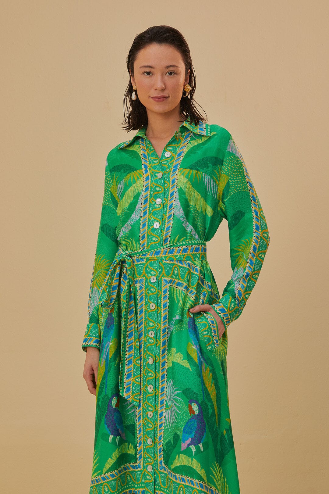 Green  Macaw Scarf Lenzing™ Ecovero™ Viscose Chemise Dress
