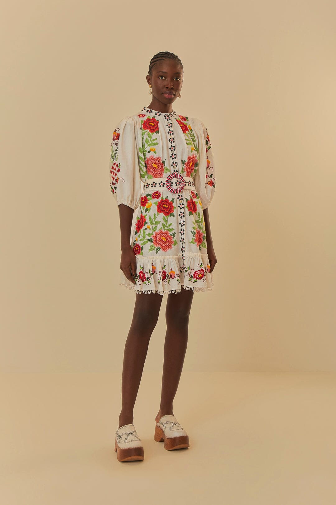 Off-White Embroidered Carmina Floral Short Sleeve Mini Dress