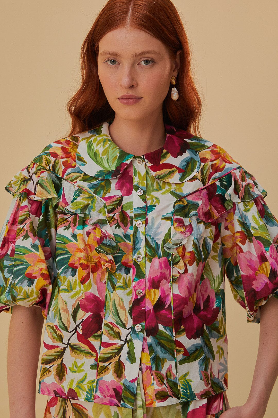 Off-White Painted Flowers Short Sleeve Blouse