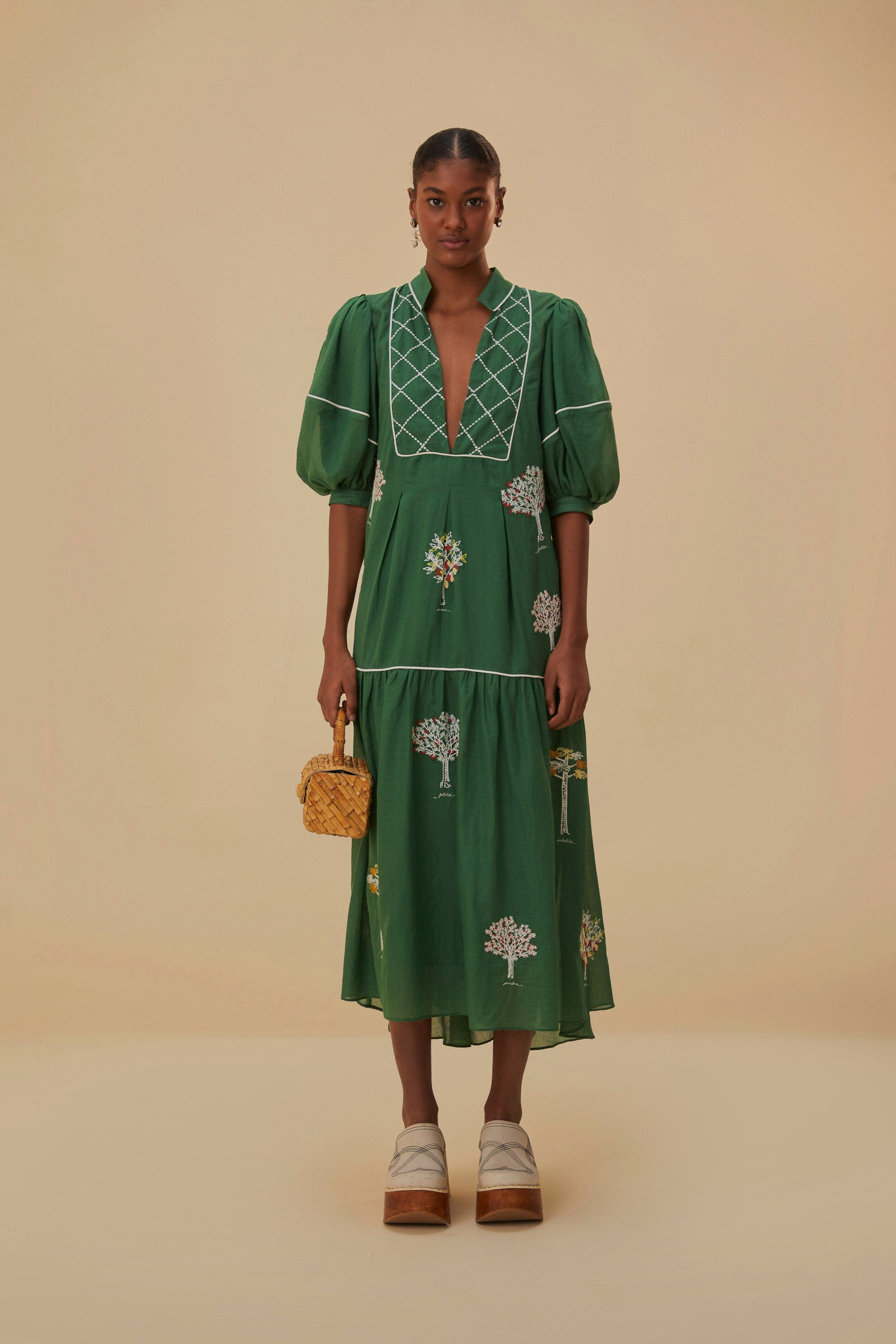 Green Embroidered Trees Organic Cotton Midi Dress – FARM Rio