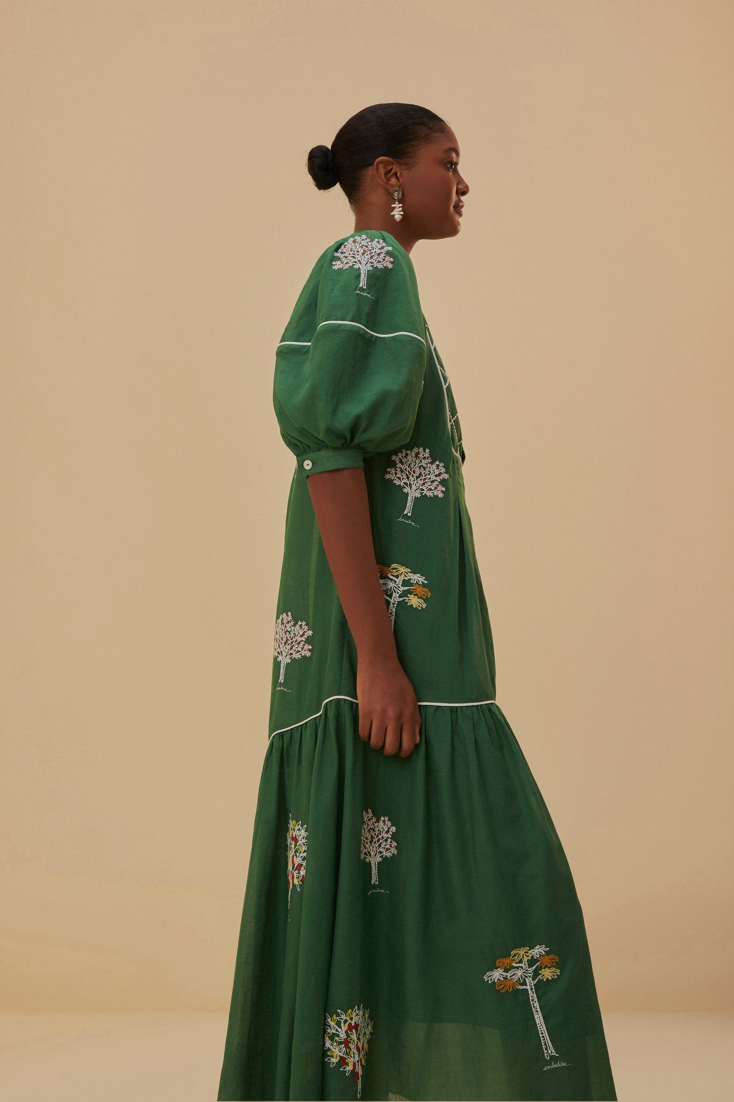 Green Embroidered Trees Organic Cotton Midi Dress