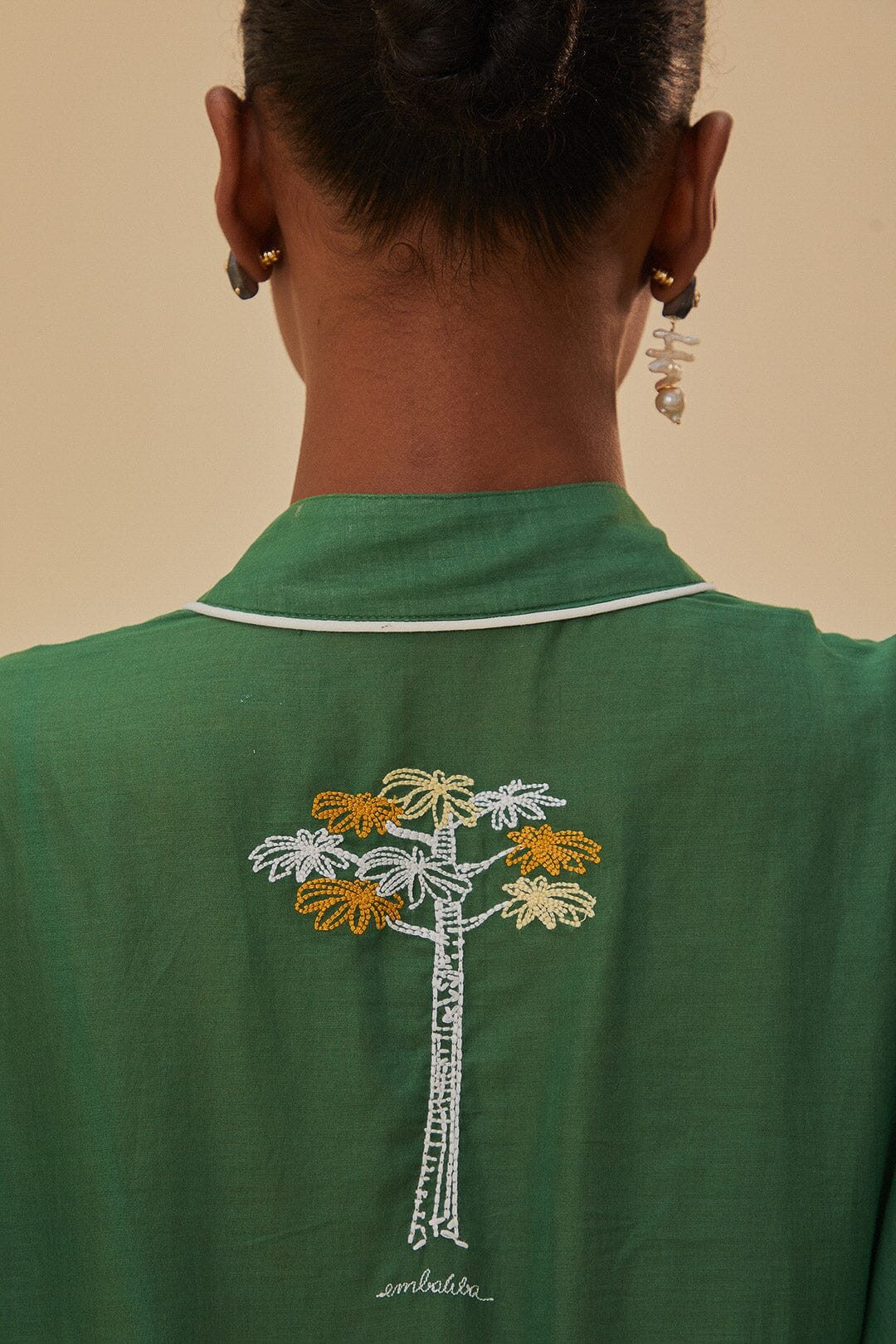 Green Embroidered Trees Organic Cotton Midi Dress