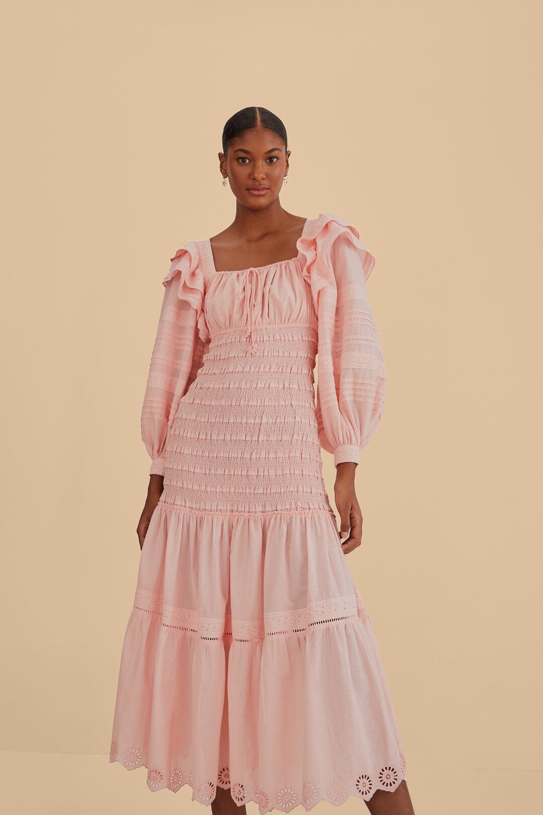 Light Pink Long Sleeve Smocked Midi Dress