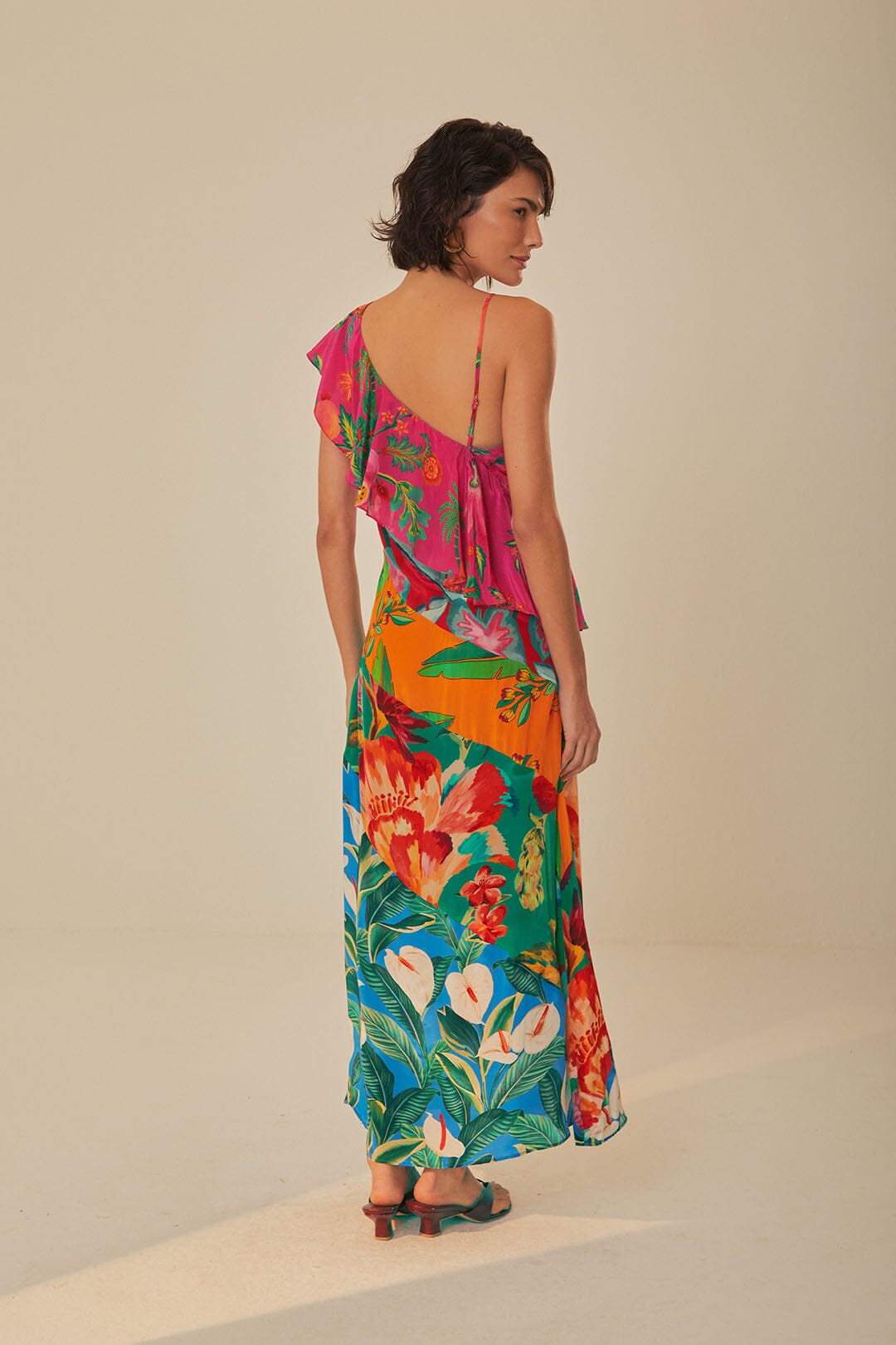 Mixed Flowery Rufle One Strap Midi Dress