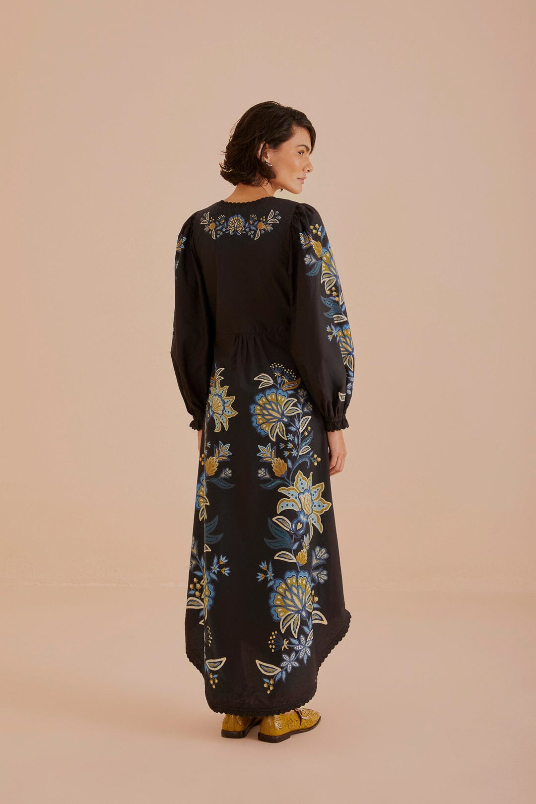 Black Stitched Garden Organic Cotton Midi Dress
