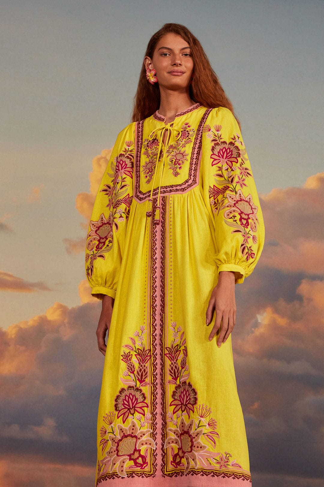 Yellow Embroidered Garden Tapestry Midi Dress
