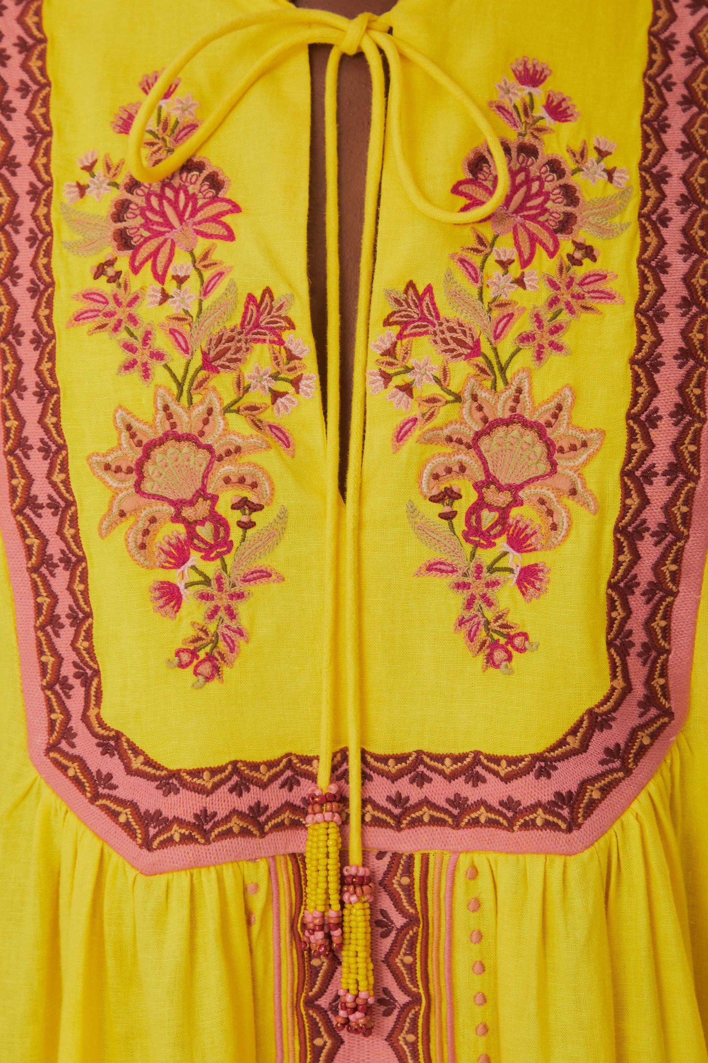 Yellow Embroidered Garden Tapestry Midi Dress