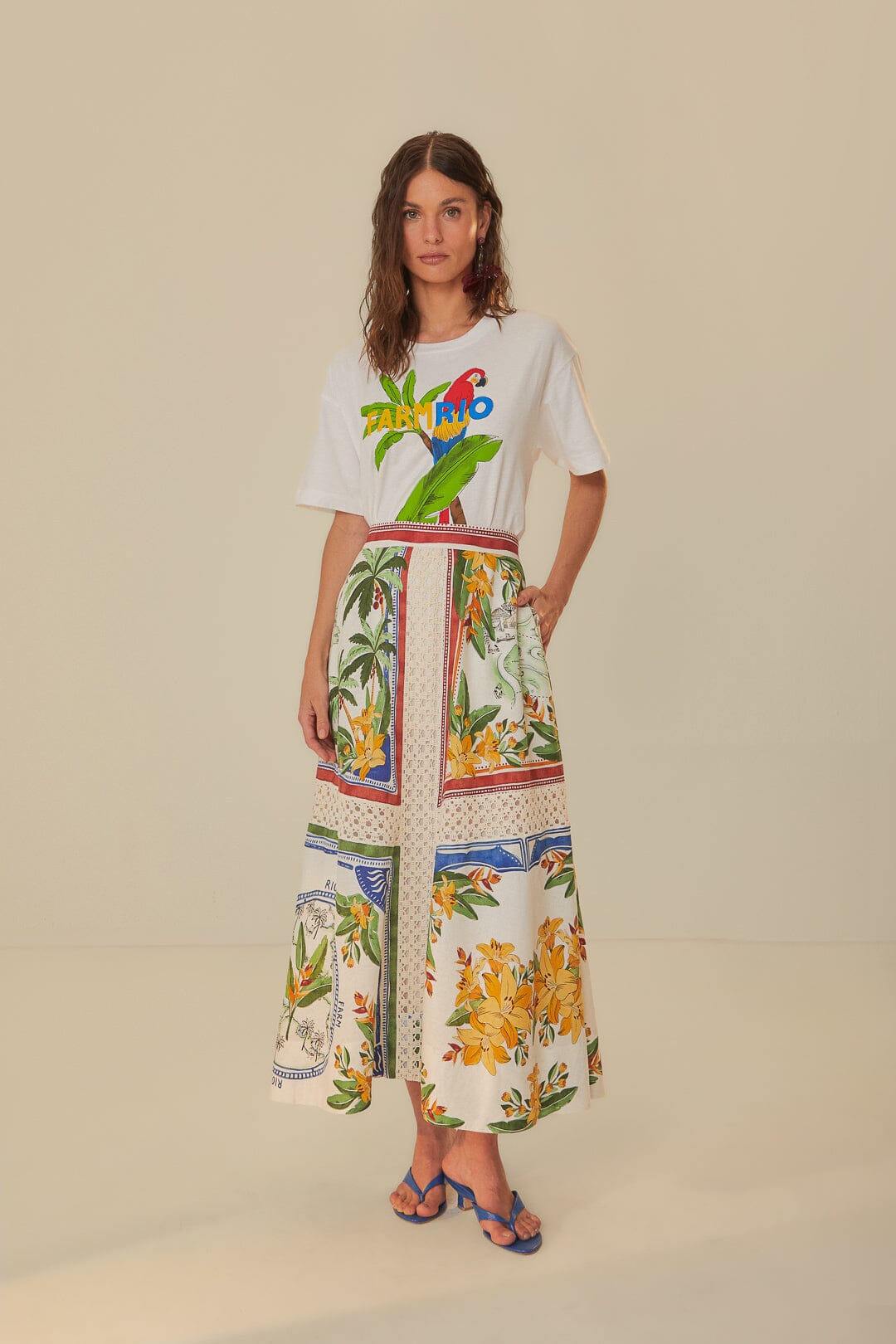 TROPICAL DESTINATION OFF-WHITE MIDI SKIRT