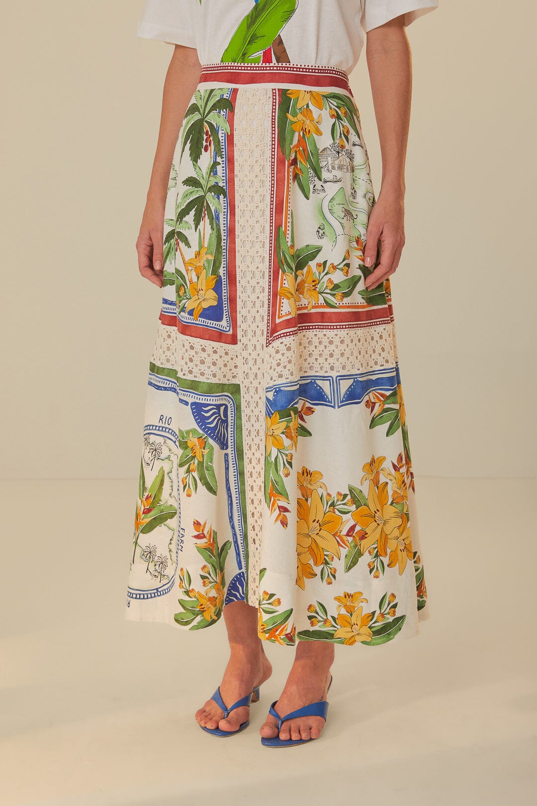 TROPICAL DESTINATION OFF-WHITE MIDI SKIRT