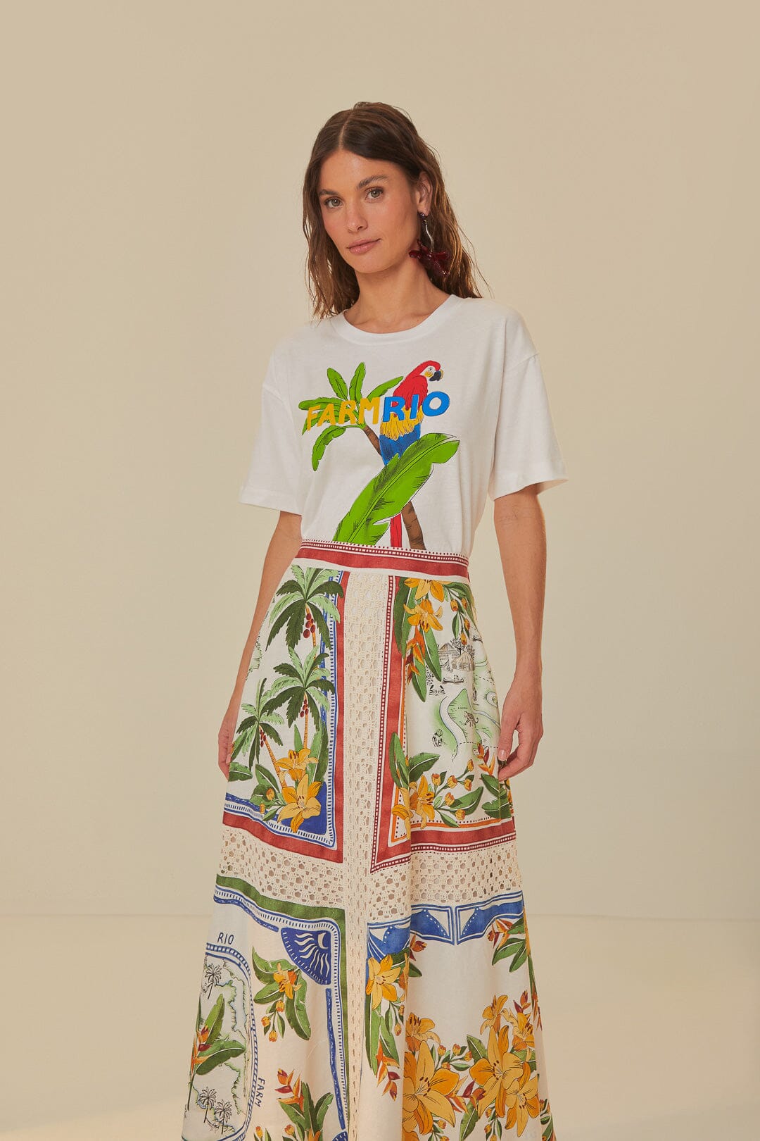 TROPICAL DESTINATION OFF-WHITE MIDI SKIRT