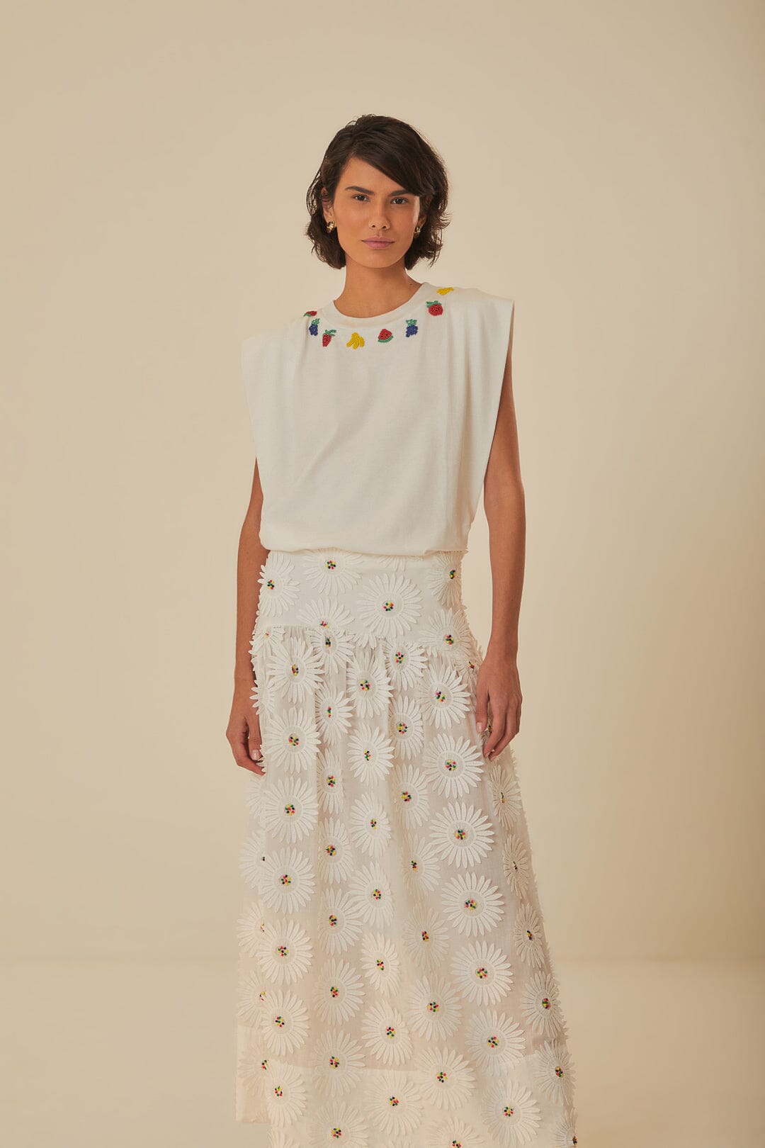 White Daisy 3D Flower Embroidered Maxi Skirt