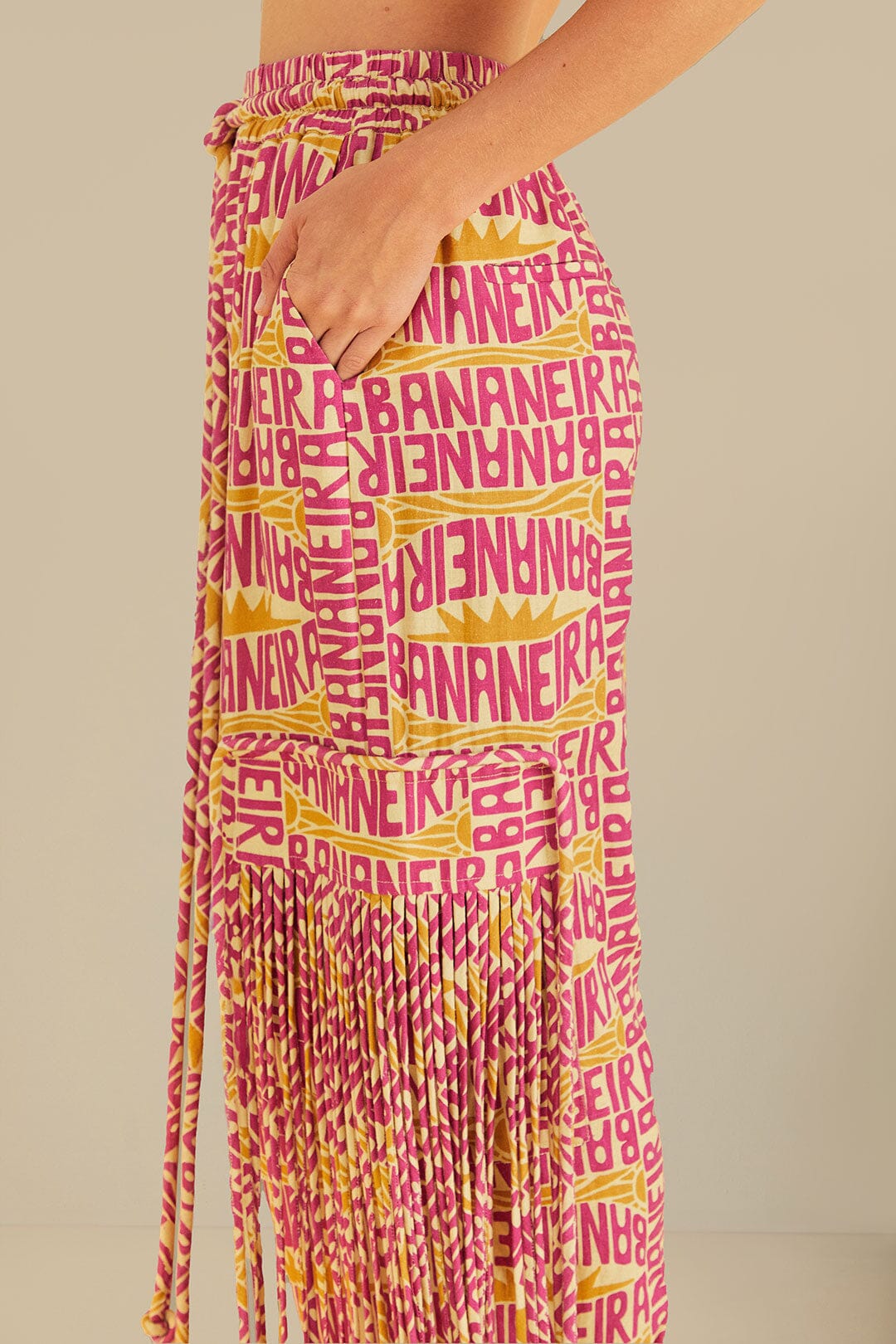 Pink Typographic Banana Fringe Pants