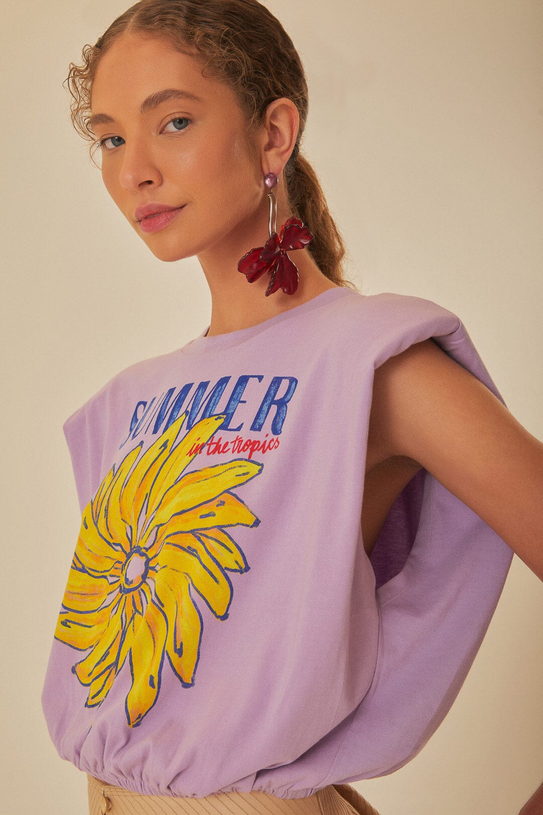 Lilac Summer In The Tropics Shoulder Pad Organic Cotton T-Shirt