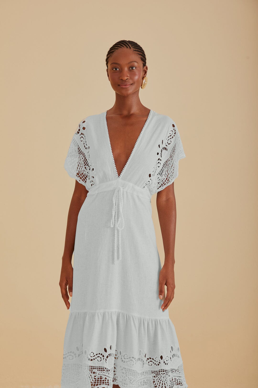 Off-White Embroidered Guipure Euroflax™ Premium Linen Midi Dress