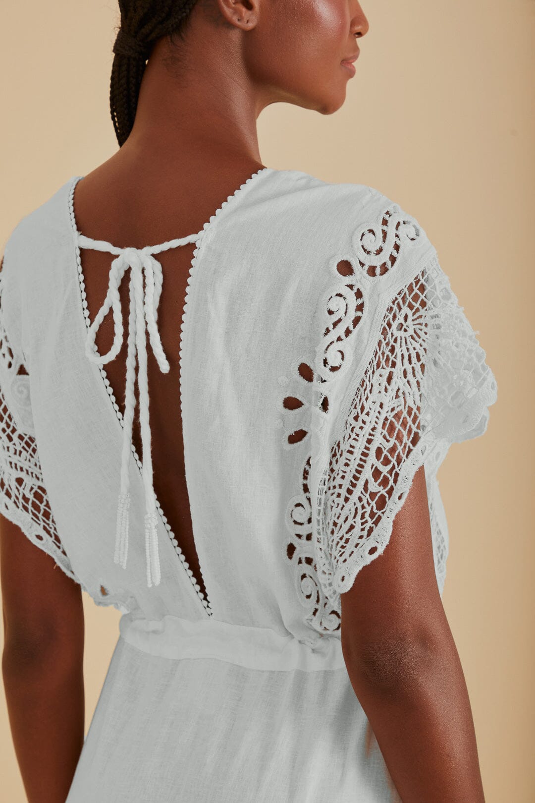 Off-White Embroidered Guipure Euroflax™ Premium Linen Midi Dress