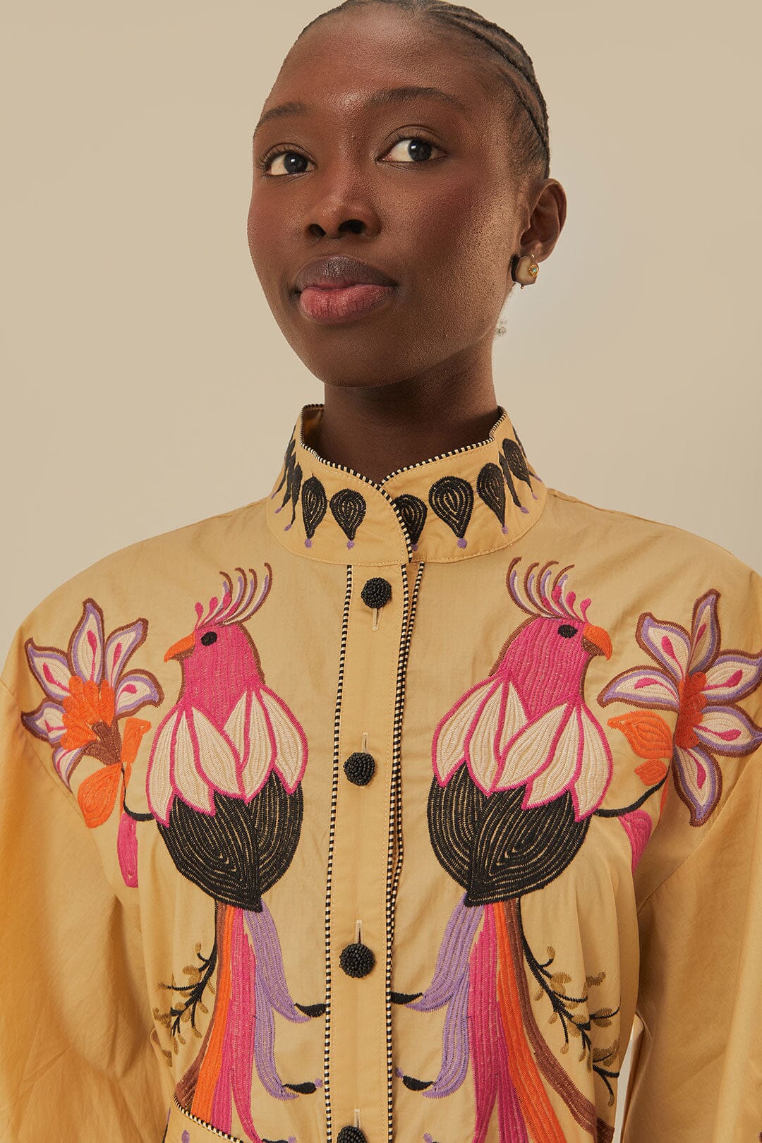 Khaki Flower Bird Embroidered Midi Dress