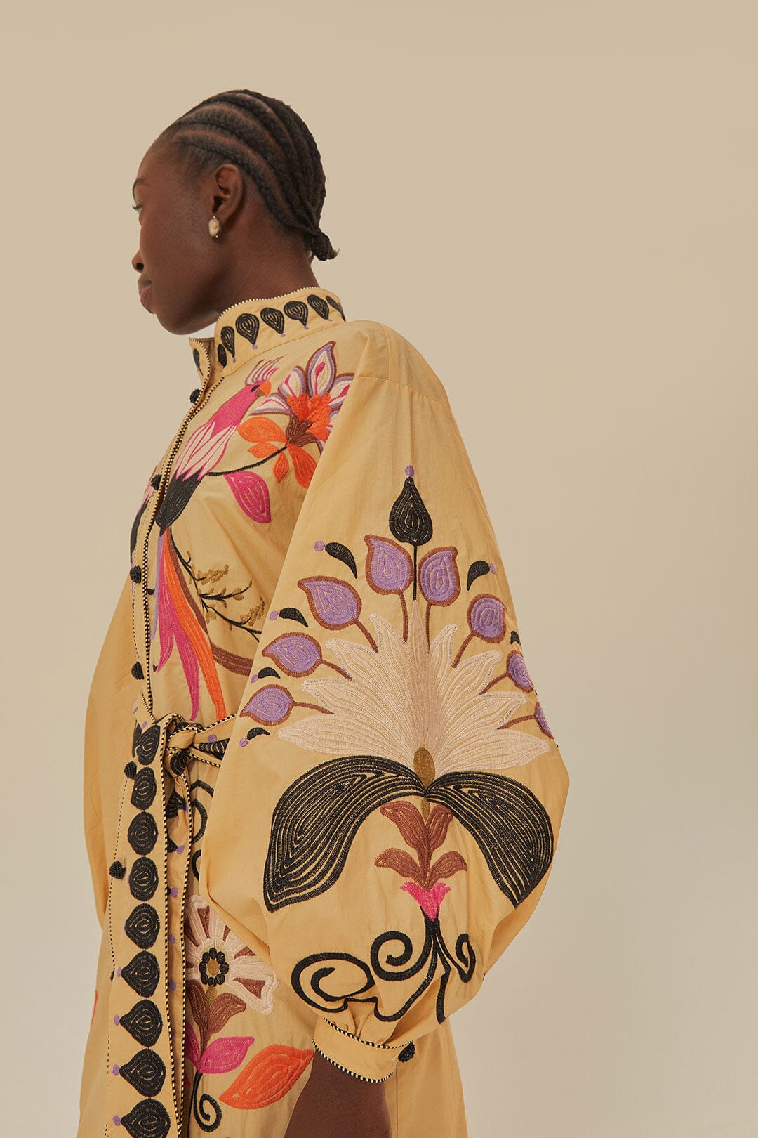 Khaki Flower Bird Embroidered Midi Dress