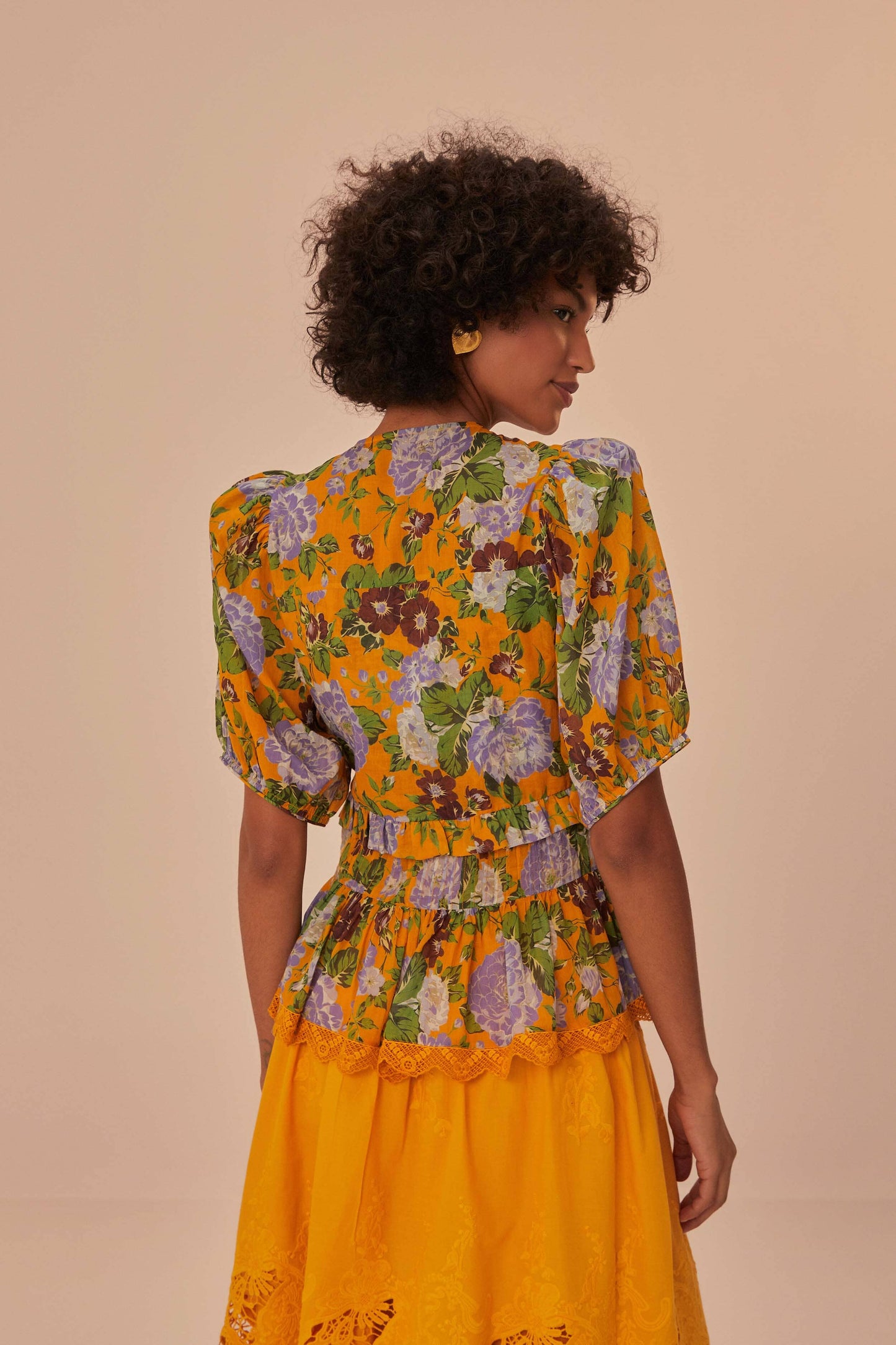 Mustard Capri Floral Short Sleeve Blouse