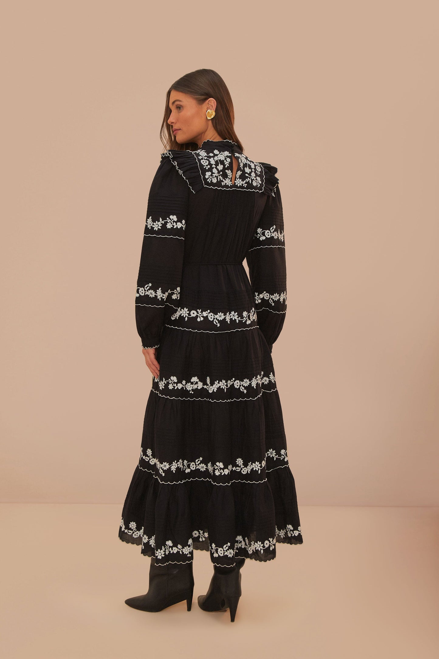 Black And White Embroidered Long Sleeve Maxi Dress