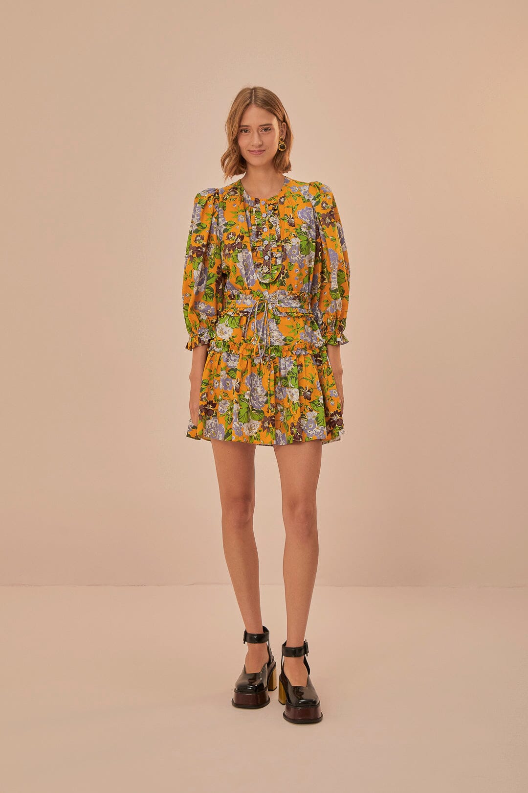 Yellow Capri Floral Short Sleeve Mini Dress