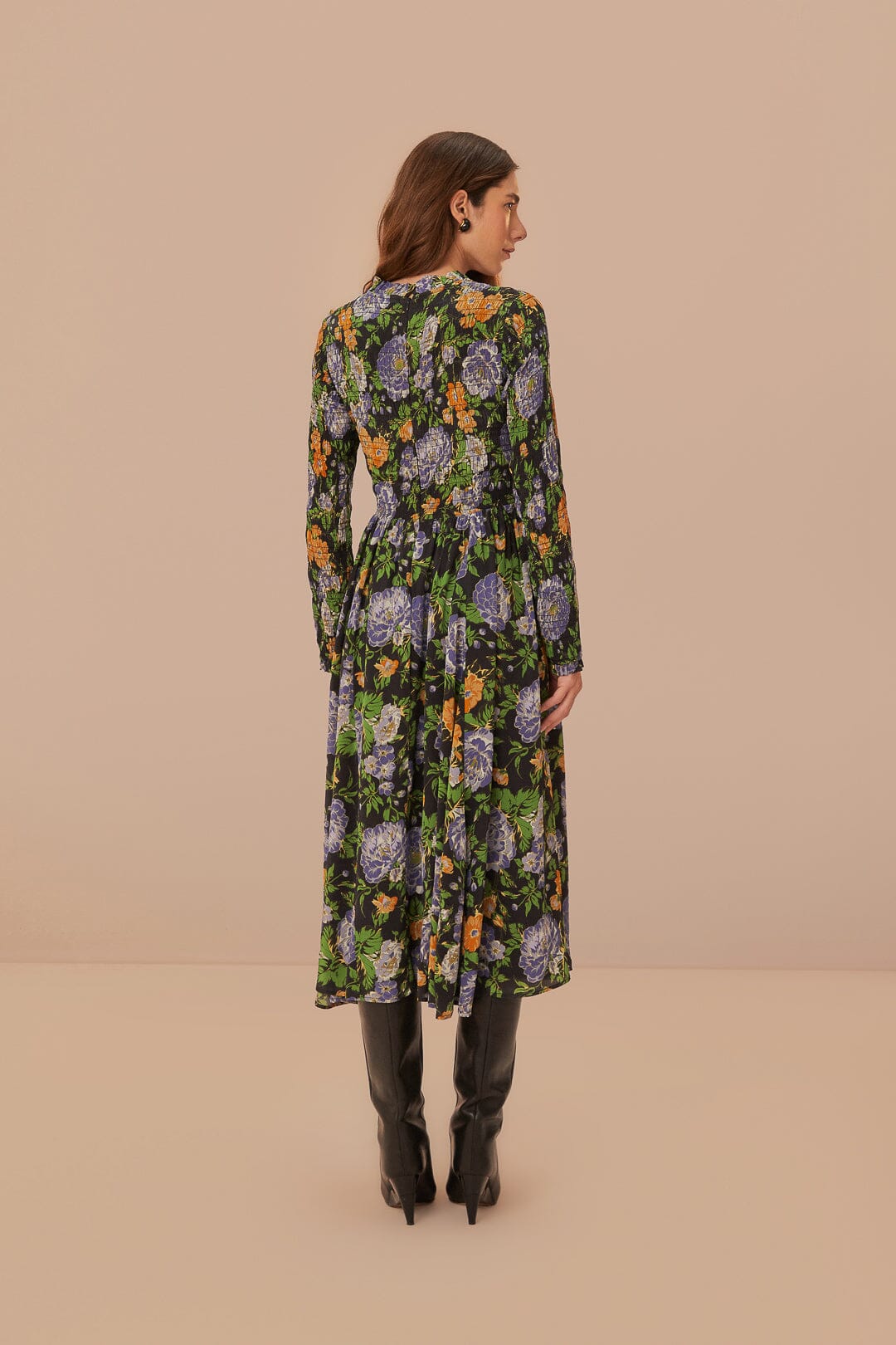 Black Capri Floral Midi Dress Long Sleeve