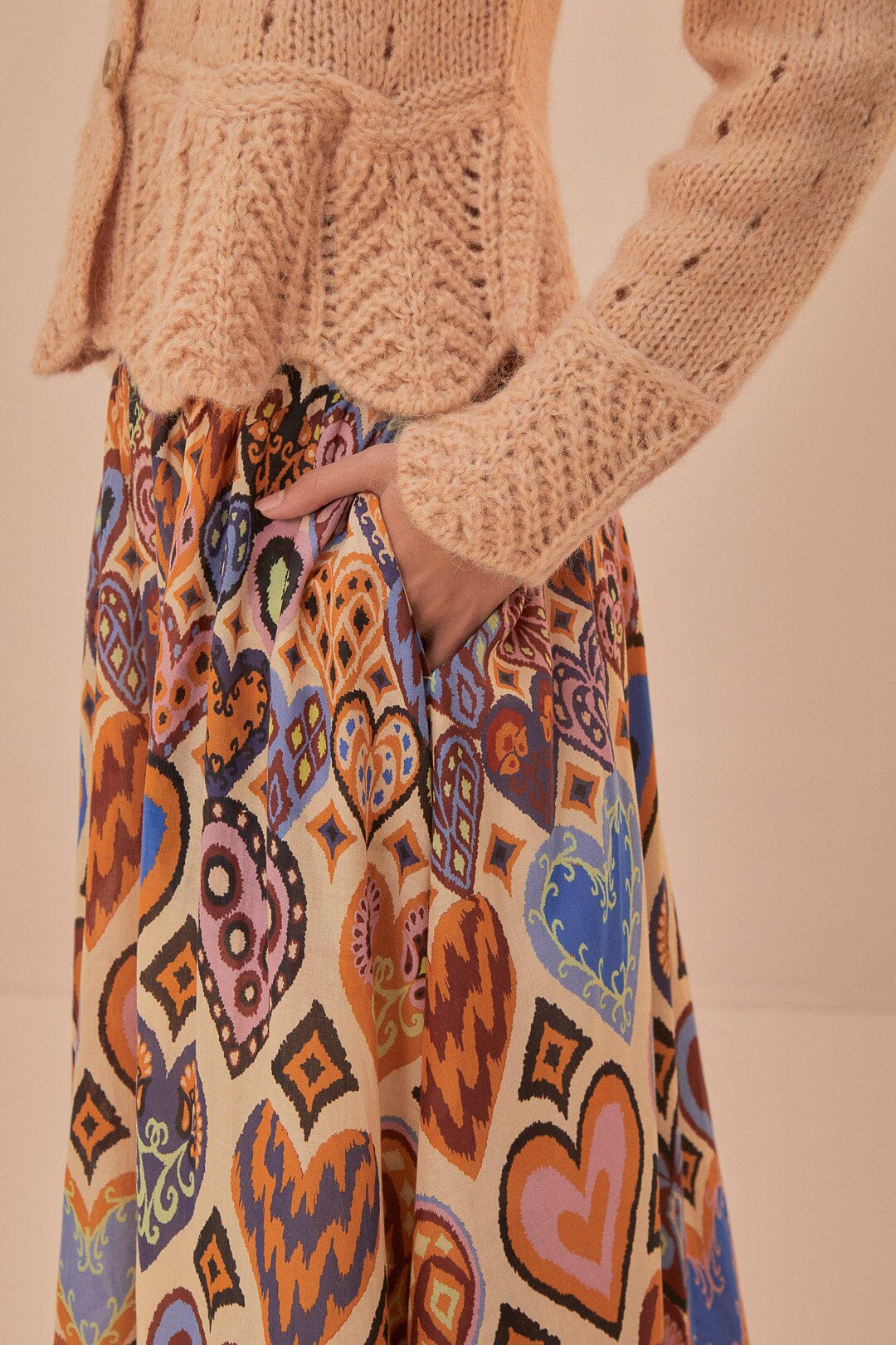 Cream Hearts Ikat Midi Skirt