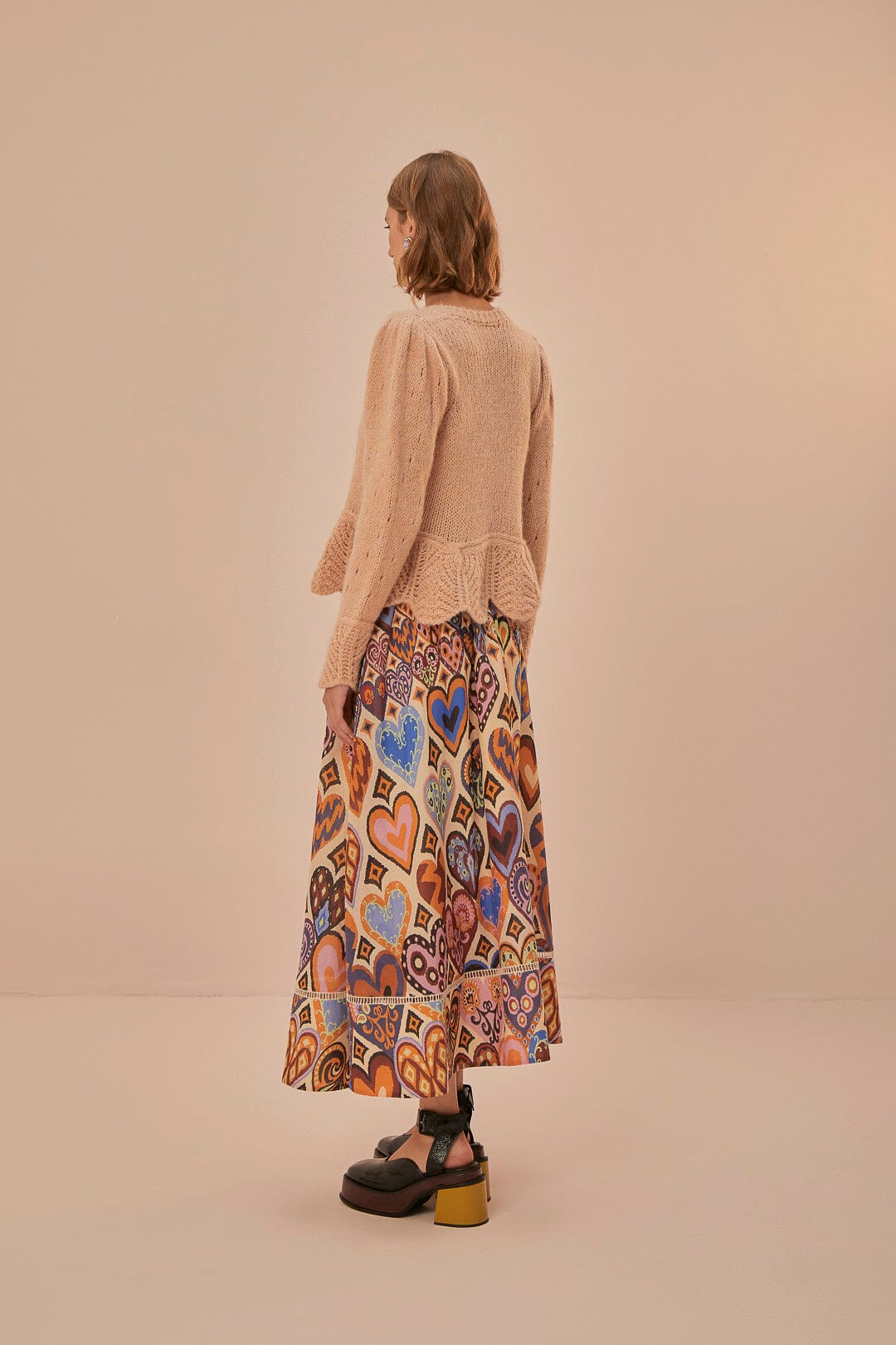 Cream Hearts Ikat Midi Skirt