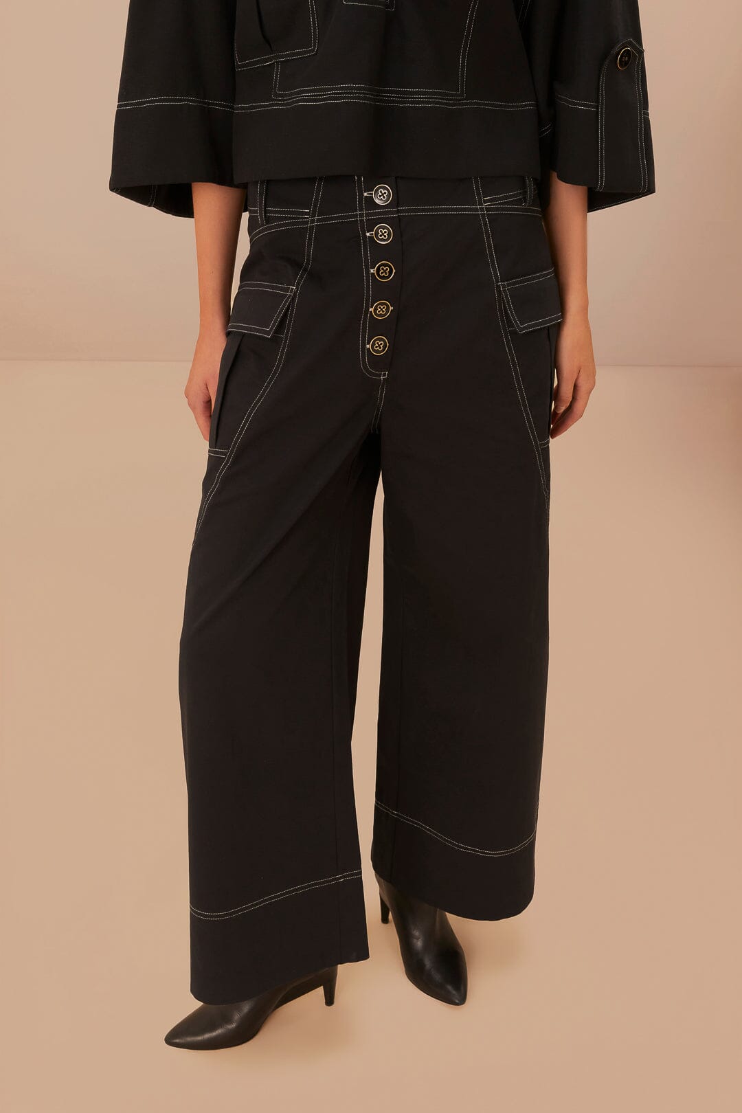 Black Low Waisted Topstiched Pants