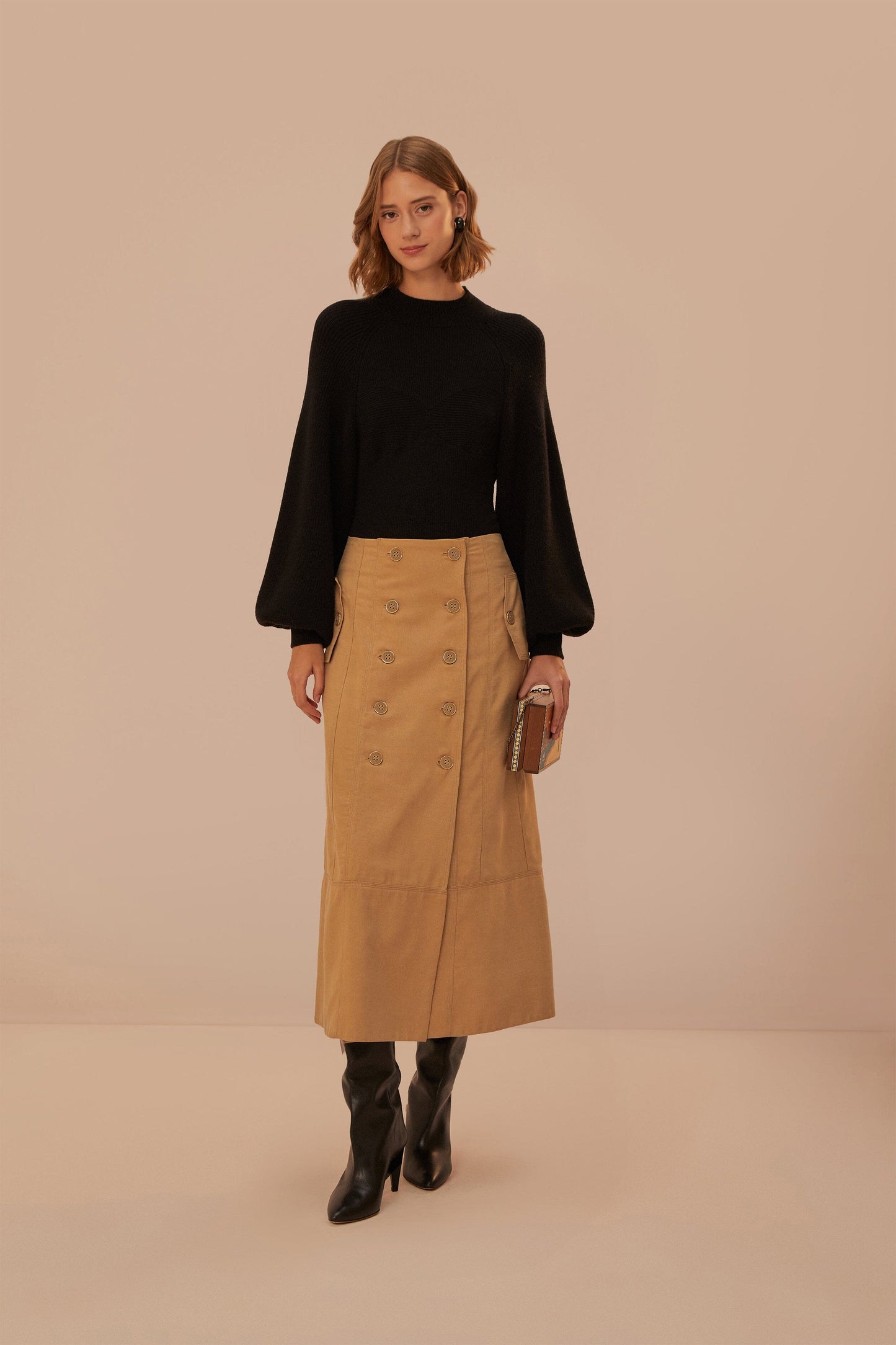 Brown Yoked Midi Skirt