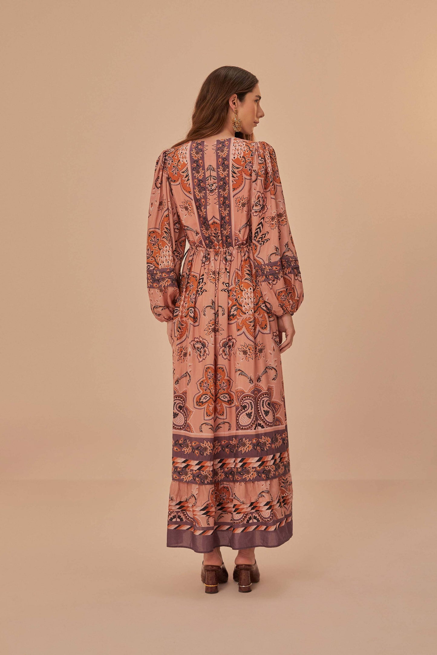 Glam Tapestry Burgundy Long Sleeve Maxi Dress