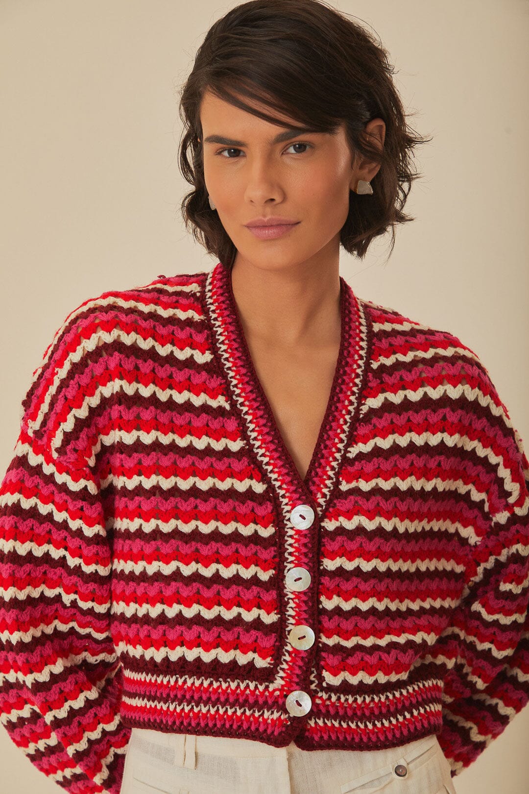 Closed striped crochet-knit cardigan - Red