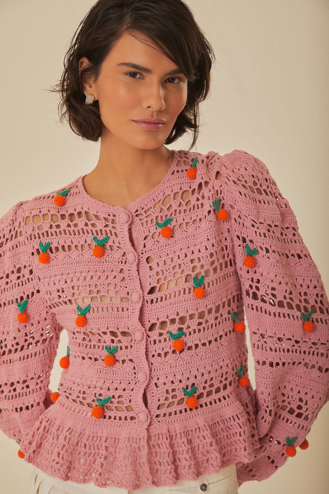 Pink Orange Tassel Crochet Blouse