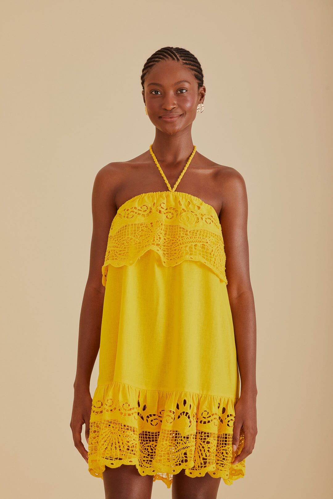 Yellow Embroidered Guipure Euroflax™ Premium Linen Mini Dress