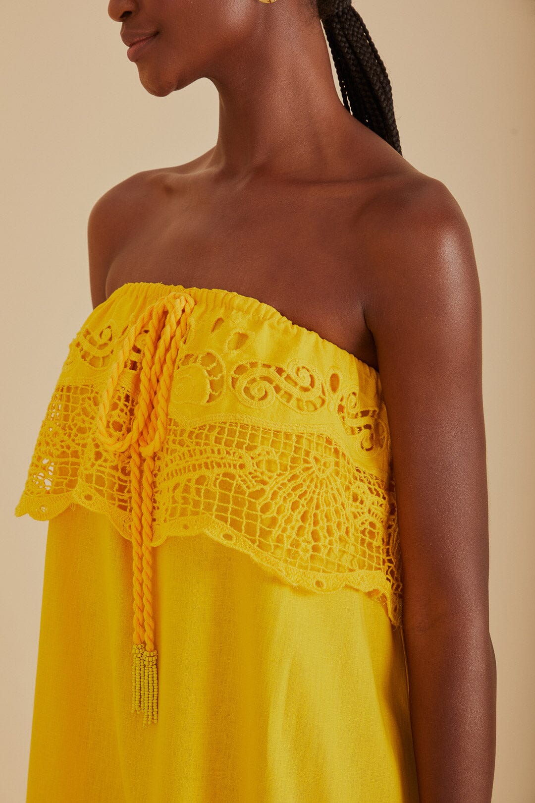 Yellow Embroidered Guipure Euroflax™ Premium Linen Mini Dress