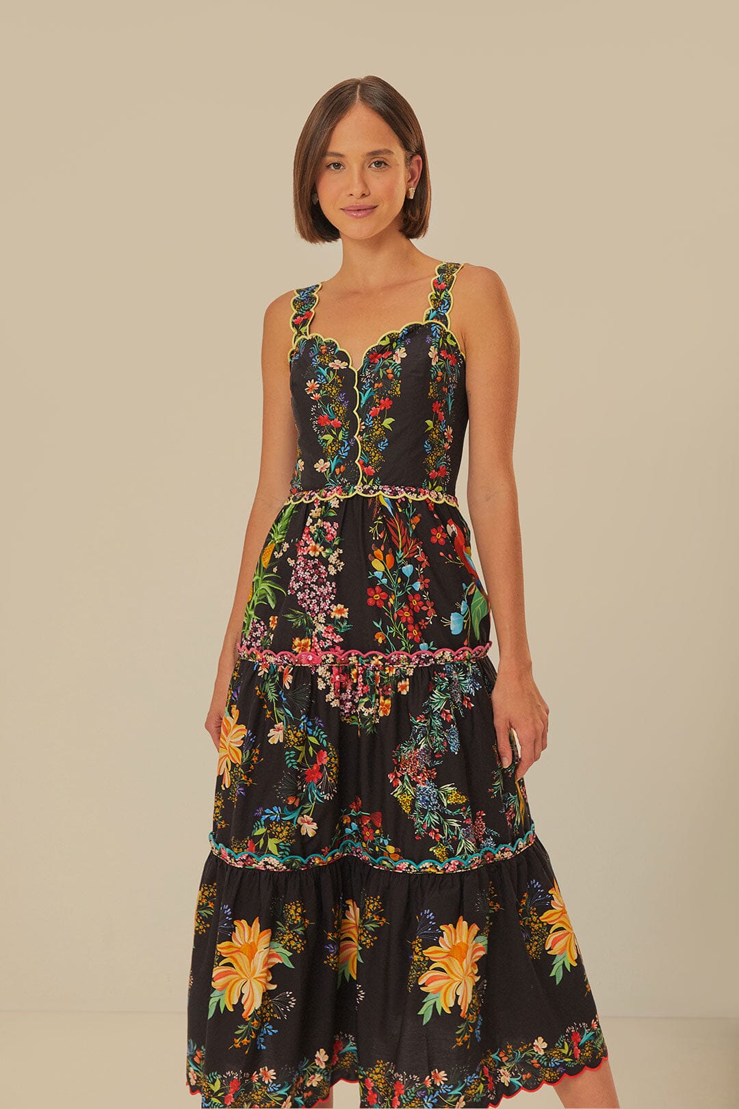 Black Delicate Forest Scarves Organic Cotton Maxi Dress