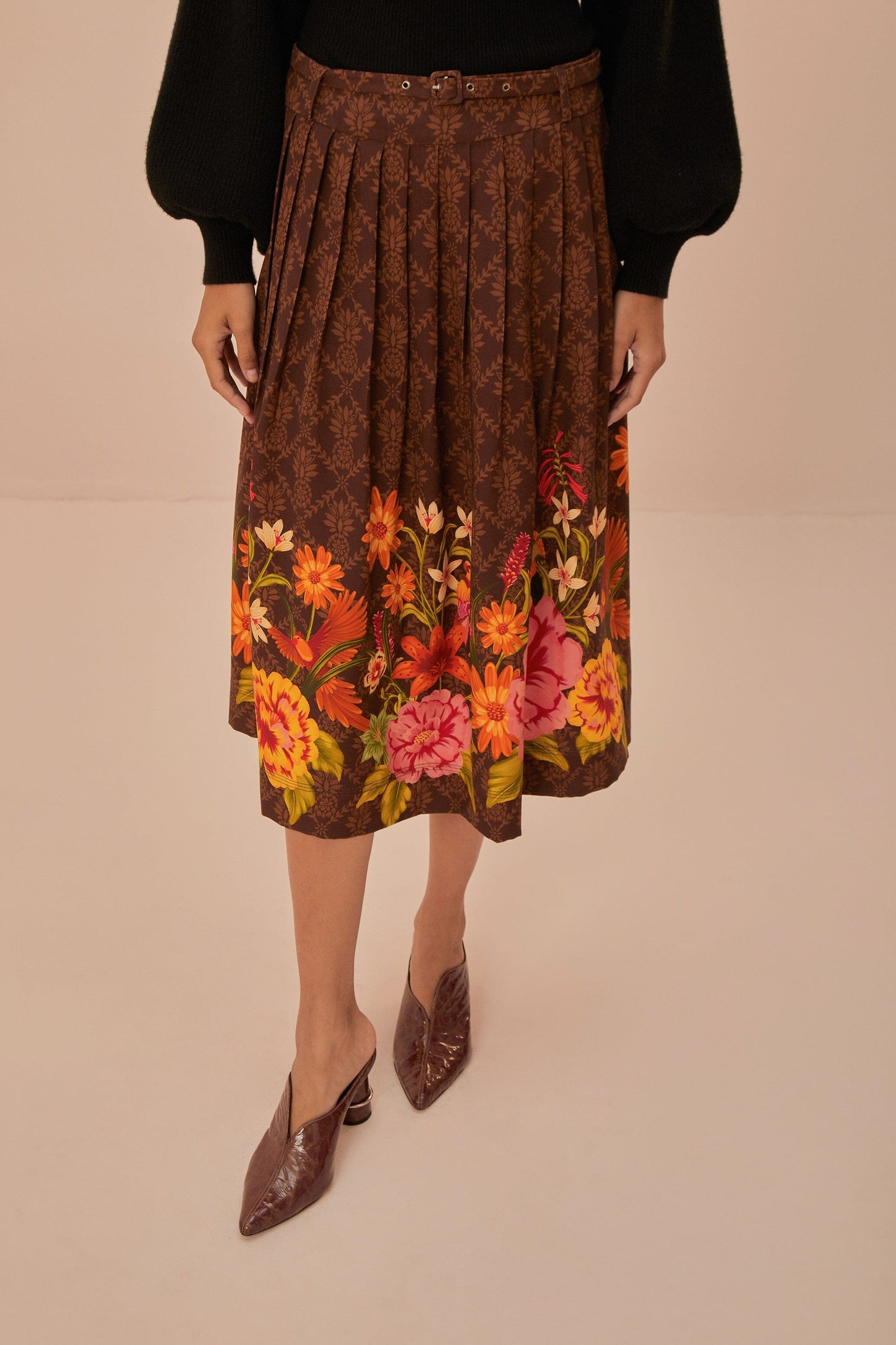 Brown Charming Garden Midi Skirt