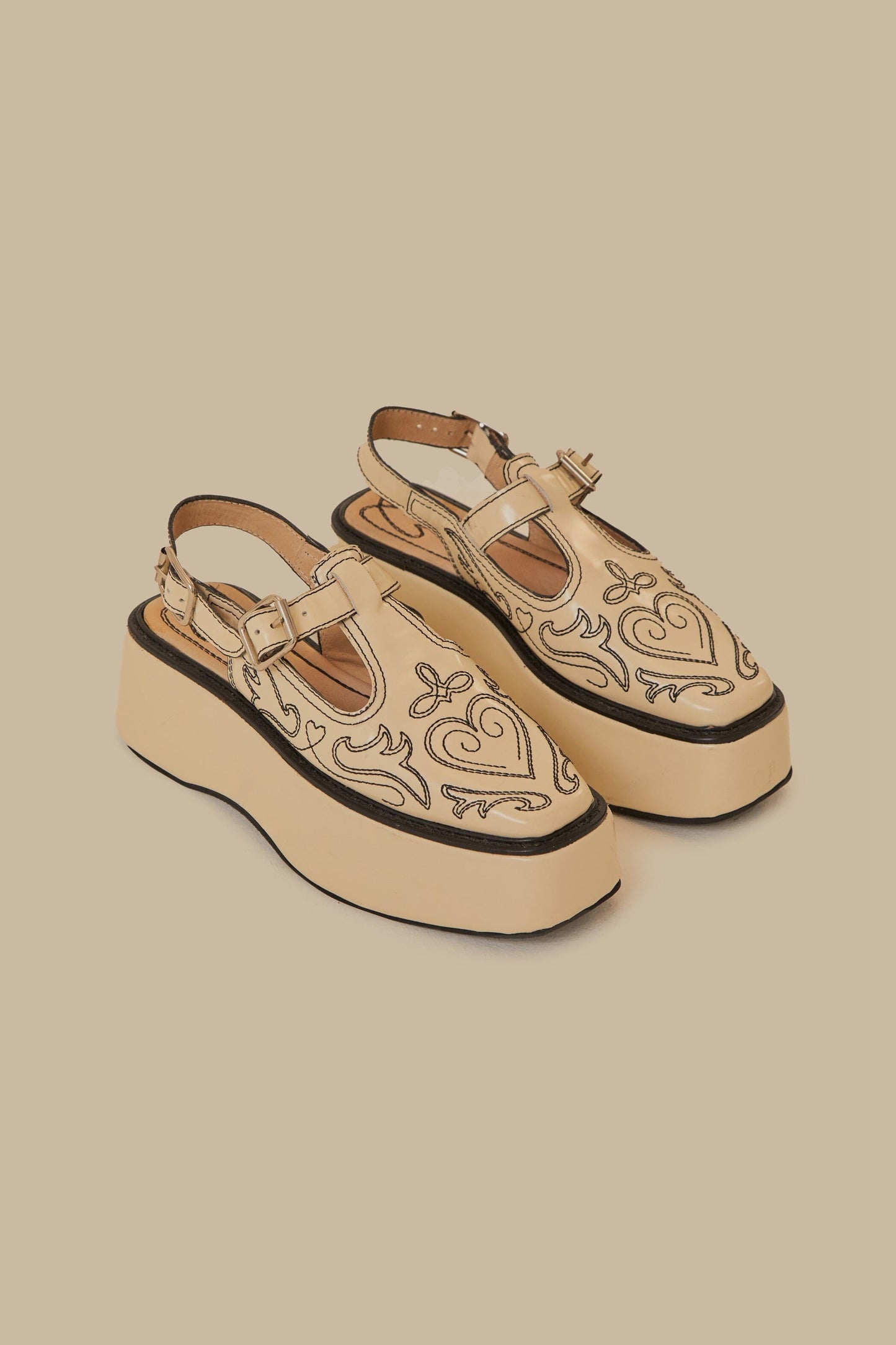 Ivory T-Strap Embroidered Flatform