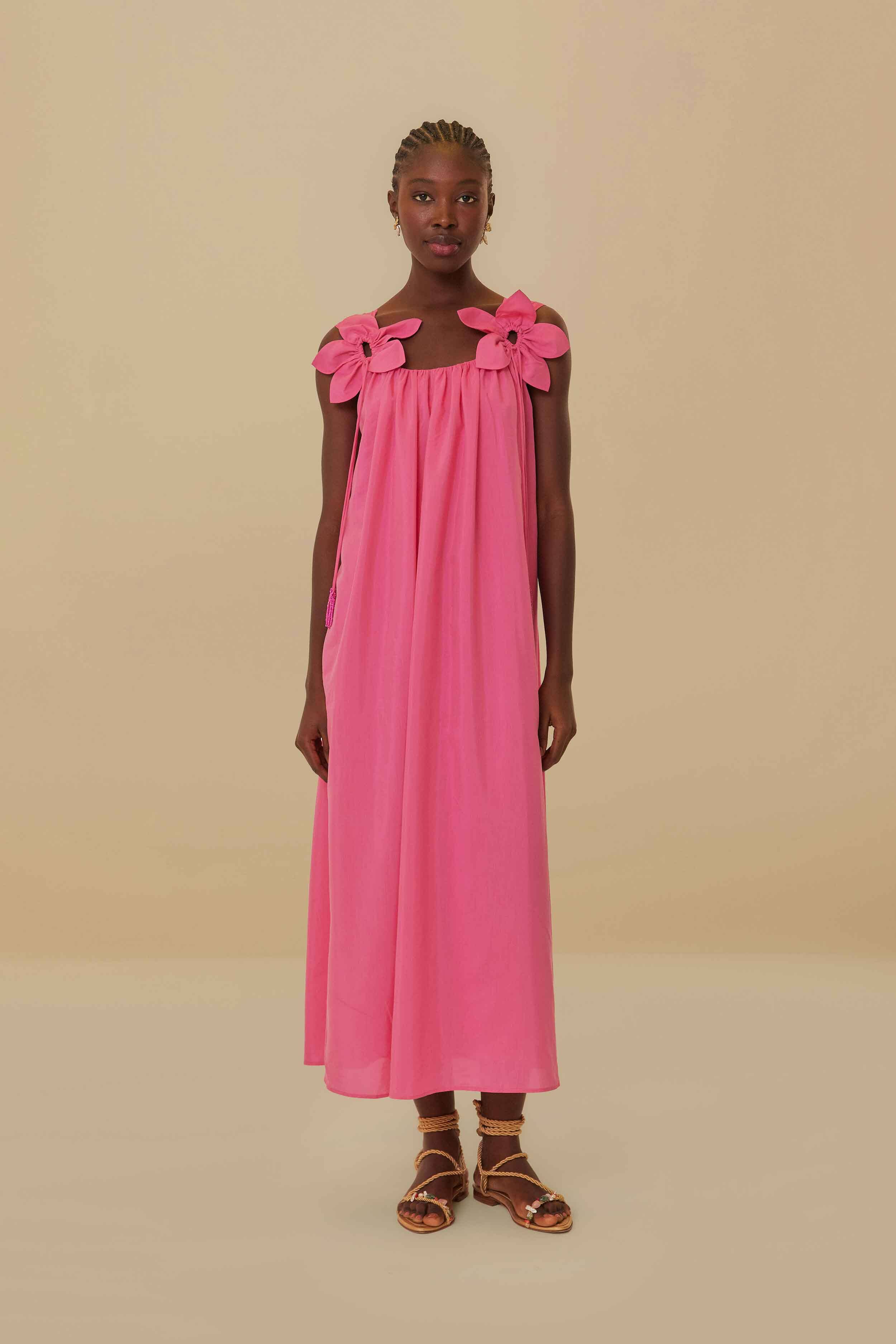 Pink Floral Details Sleeveless Midi Dress – FARM Rio