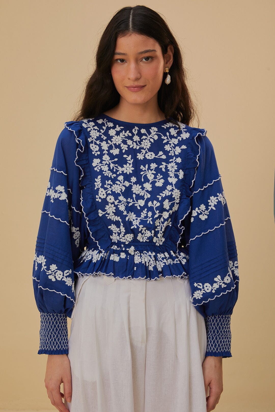 Navy Blue Embroidered Long Sleeve Blouse