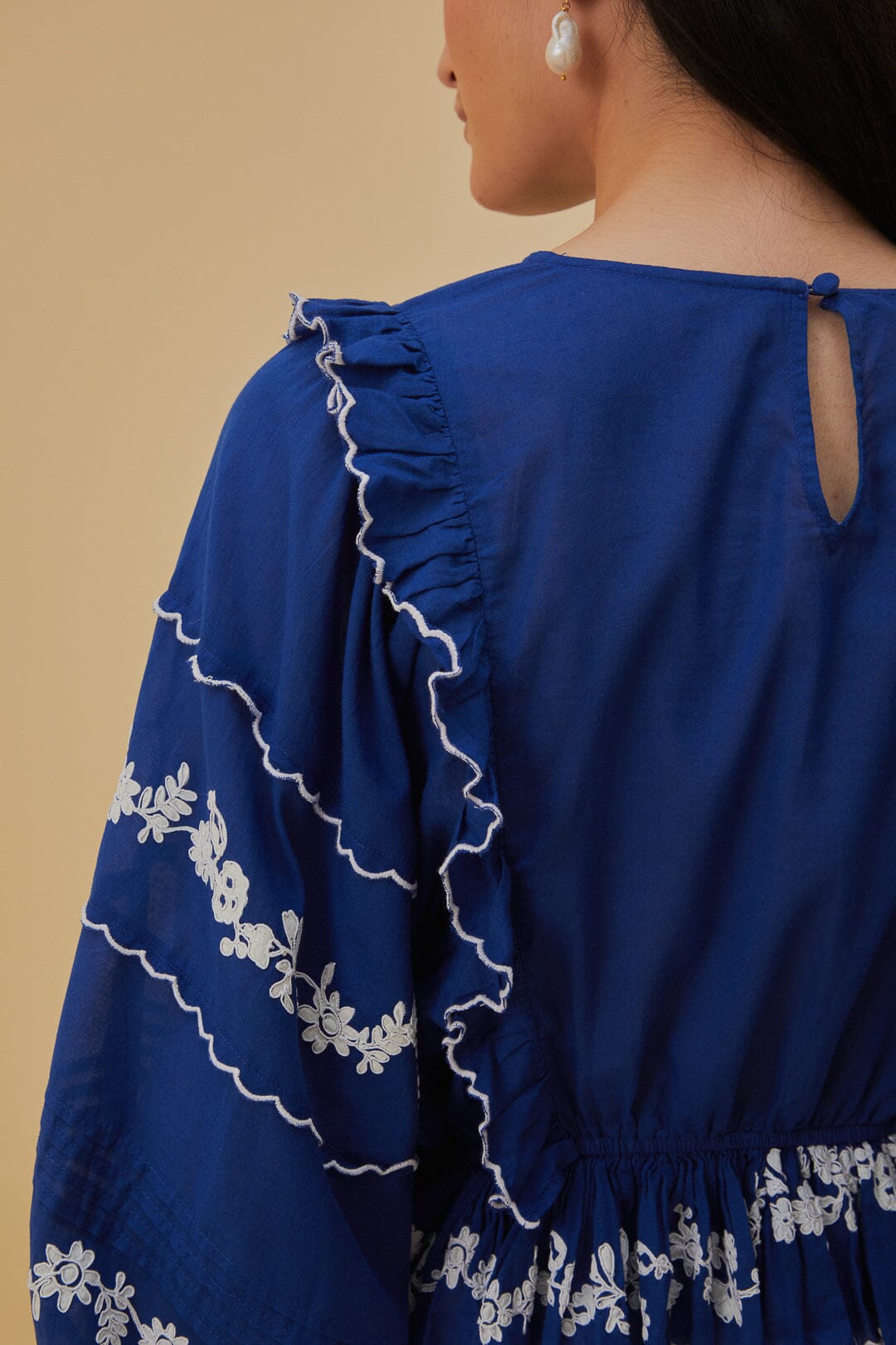 Navy Blue Embroidered Long Sleeve Blouse