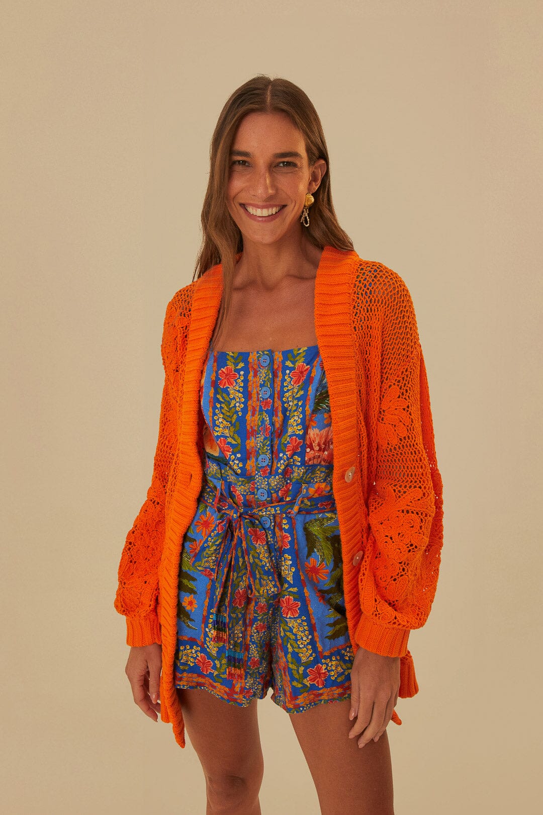 Orange Embroidered Knit Cardigan