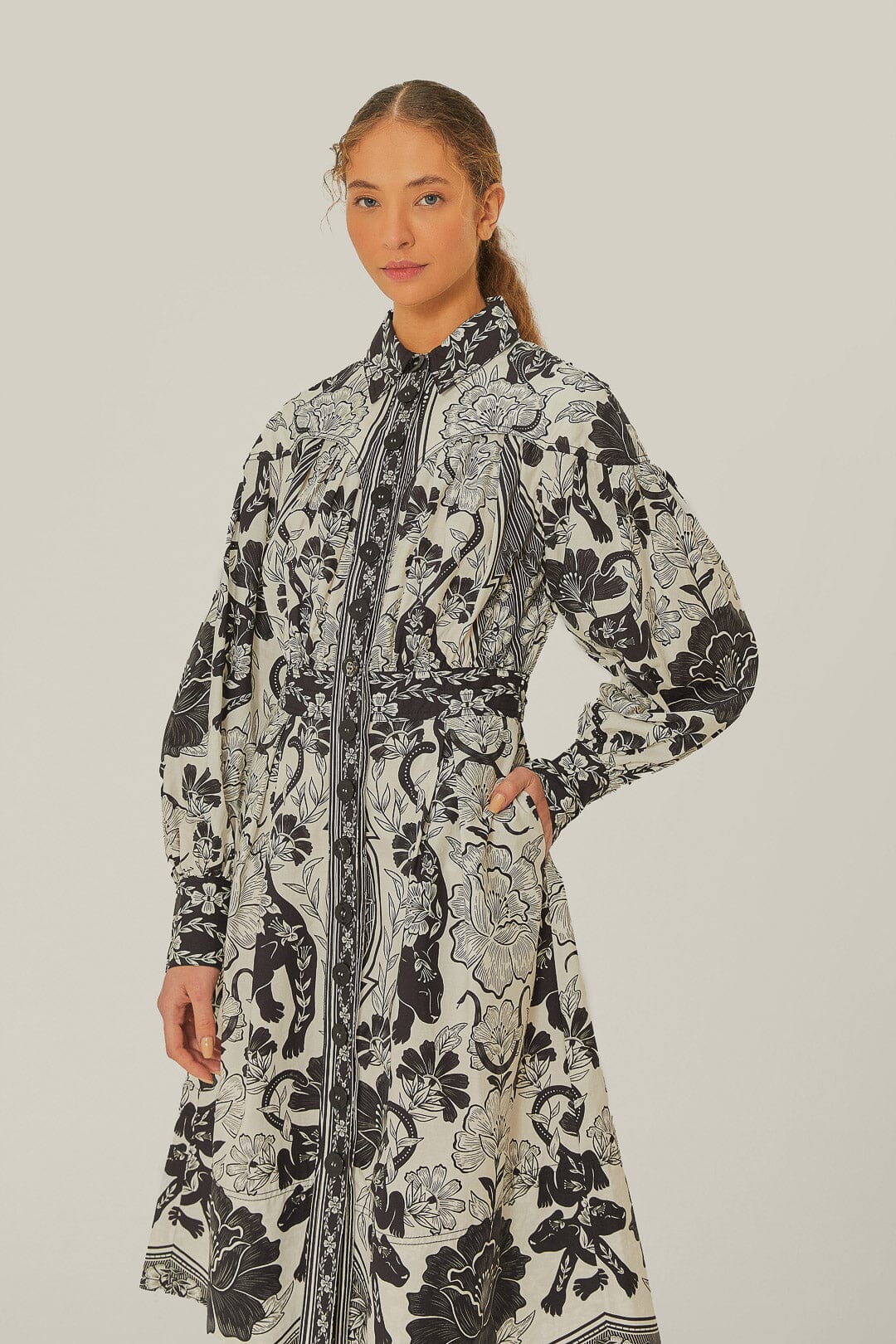 Off-White Flower Leopards Collared Midi Dress