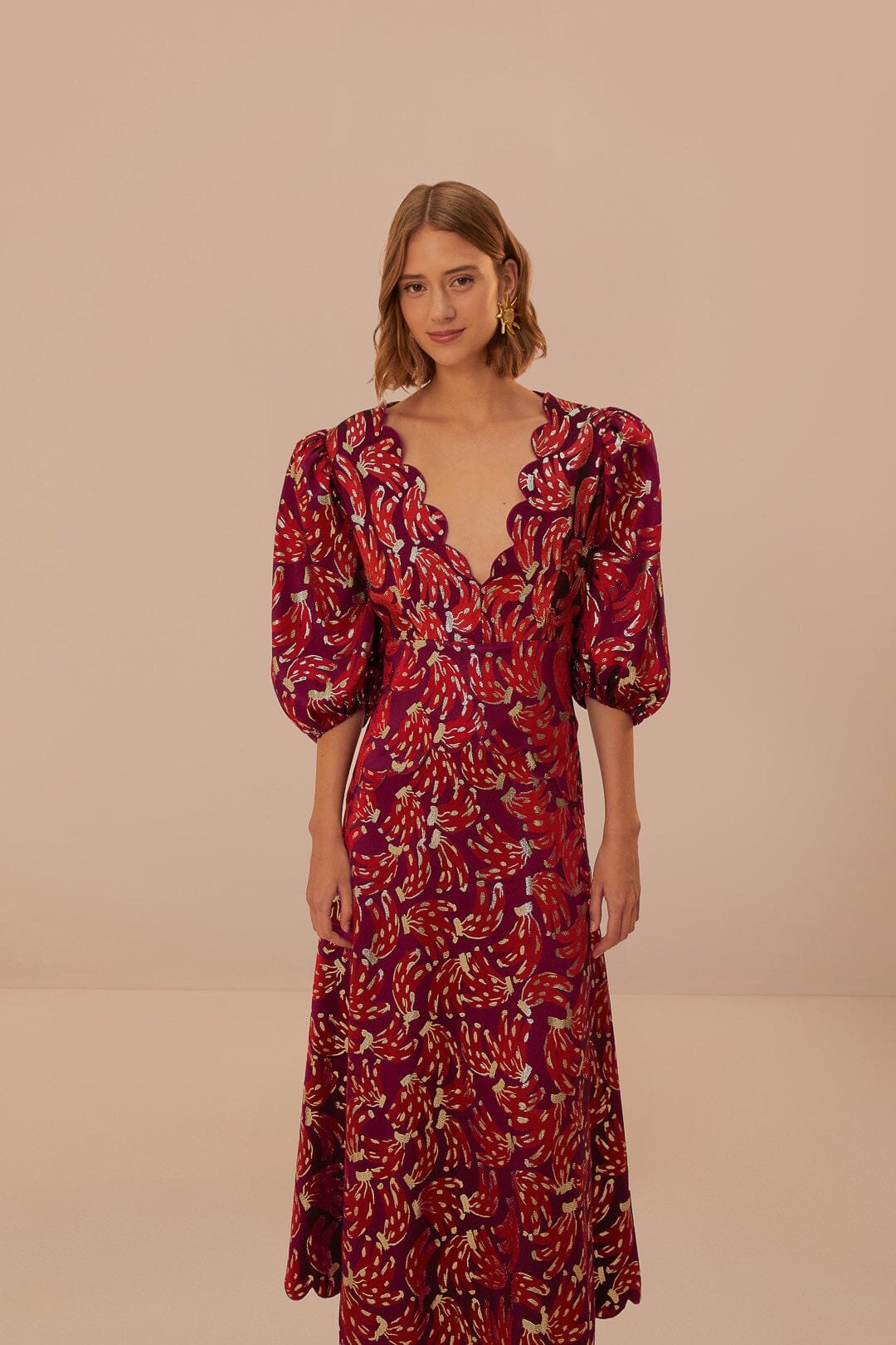 Burgundy Bossa Banana Jacquard Midi Dress