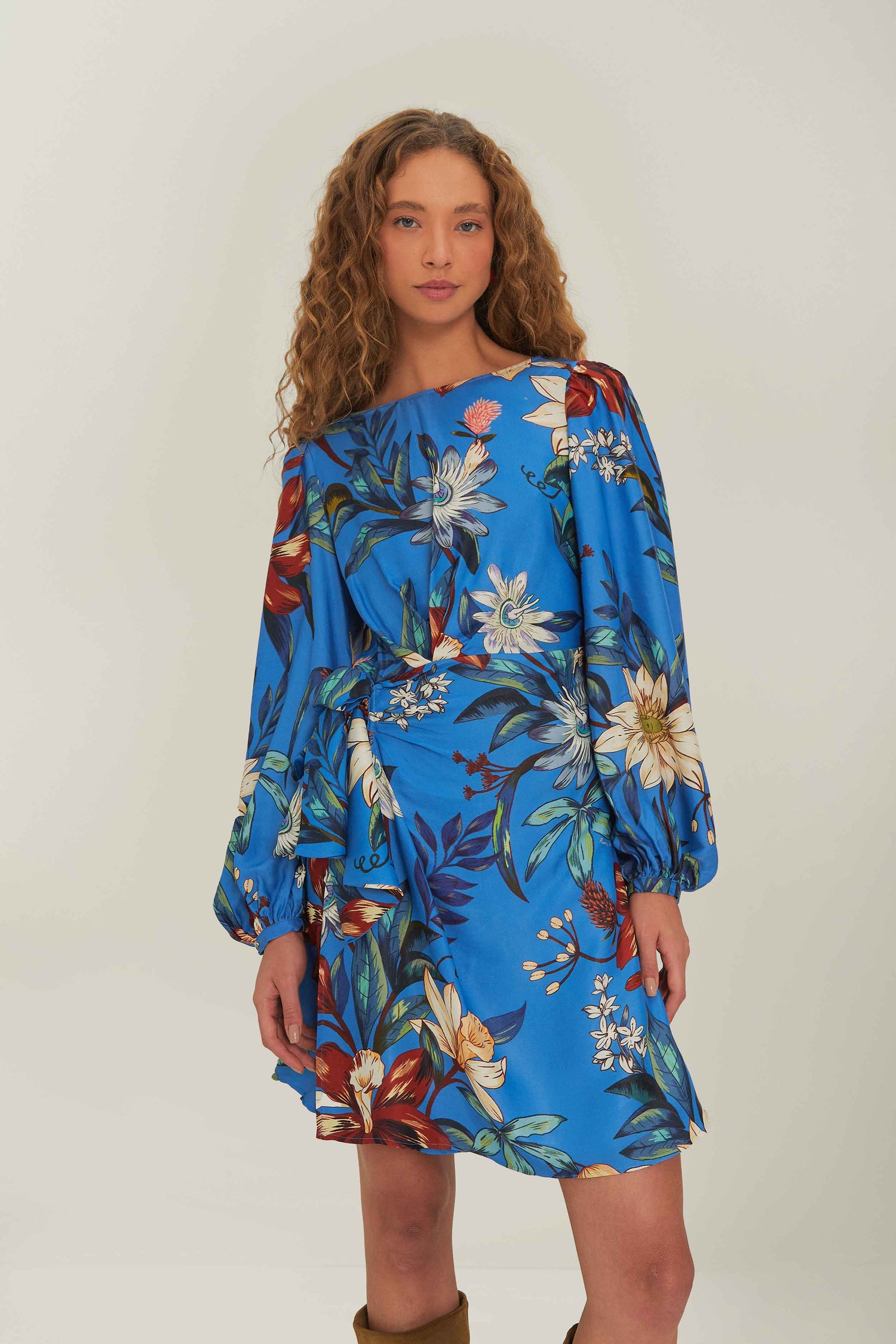blue wrap dress neckline and tie detail at the side of the waist Women's LC Lauren Conrad Ruffle