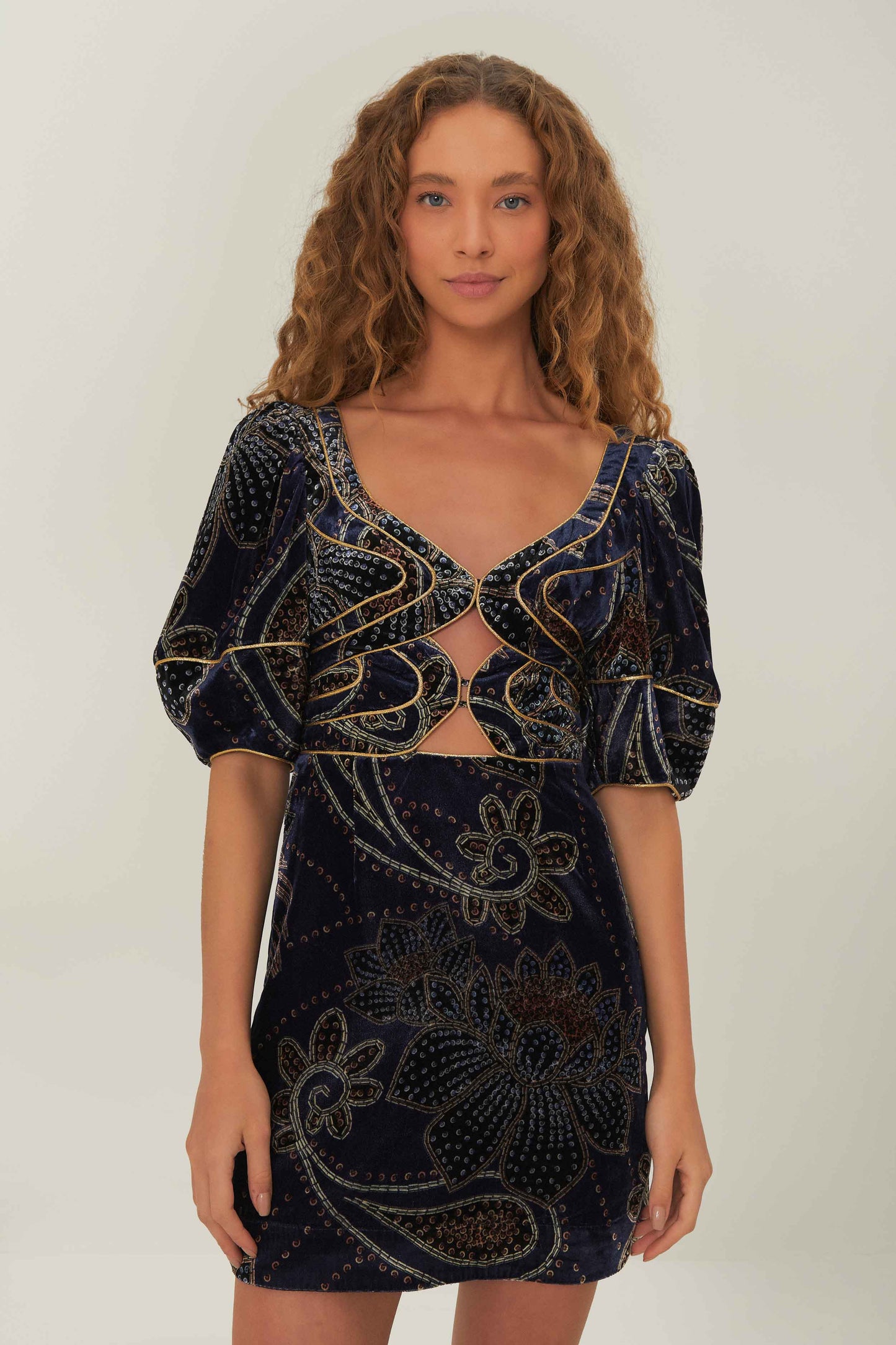 Blue Floral Glam Scarf Velvet Mini Dress FARM Rio Blue Floral Glam Scarf Velvet Mini Dress FARM Rio