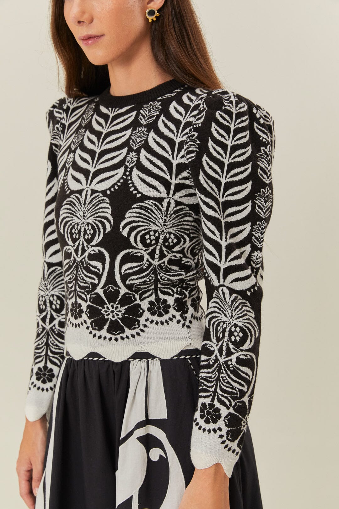 Black Ainika Tropical Splendor Puff Sleeve Knit Blouse