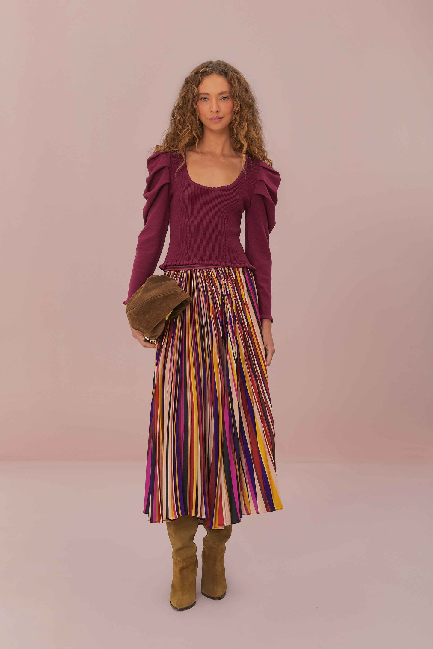 Multicolor Diagonal Stripes Pleated Maxi Skirt