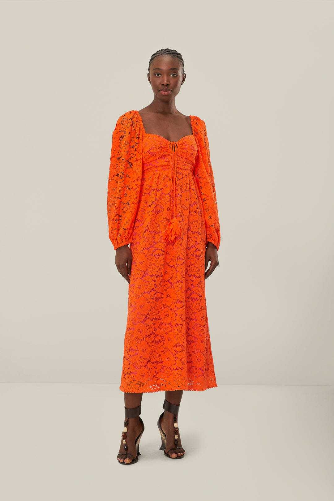 Orange Lace Long Sleeve Midi Dress