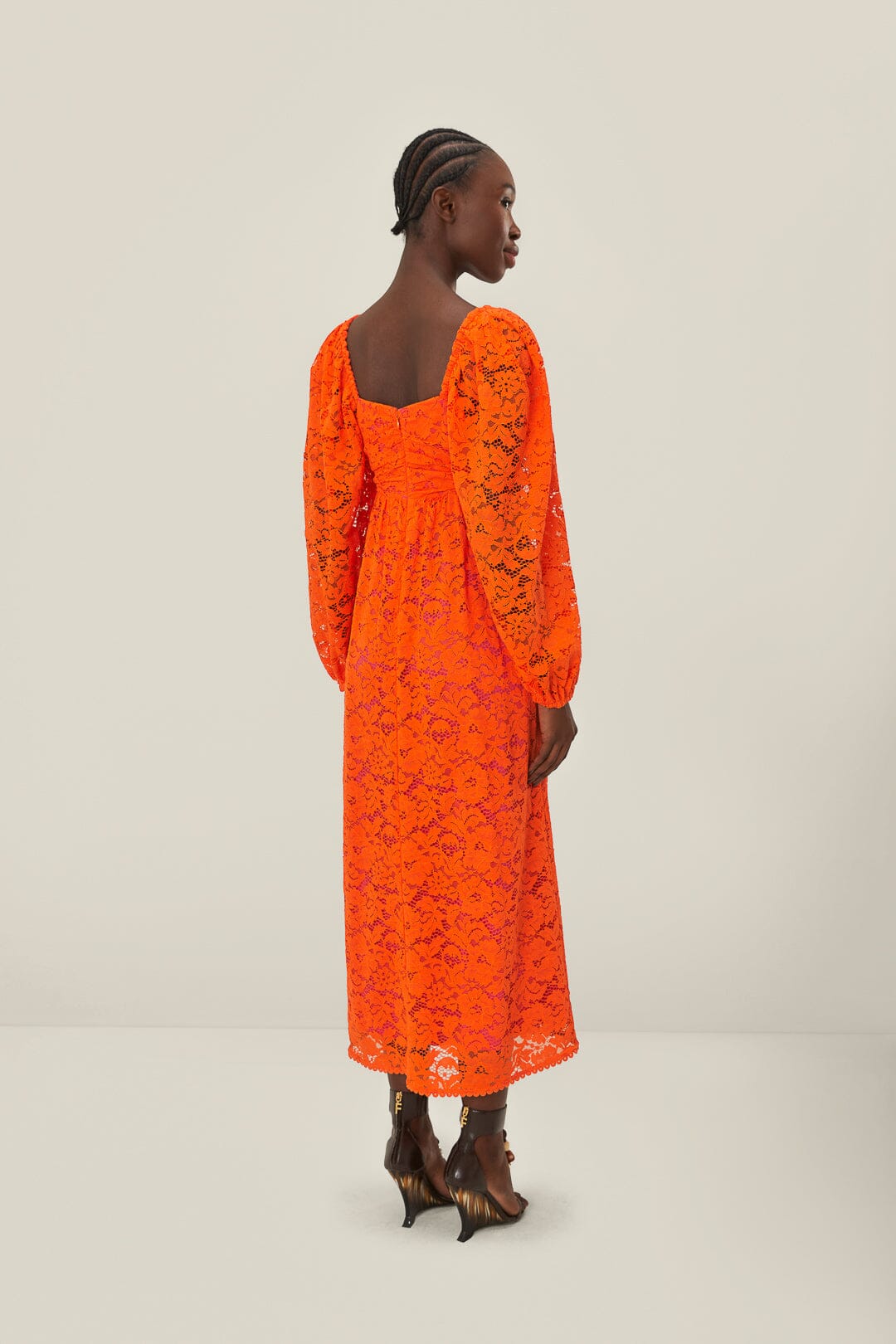 Orange Lace Long Sleeve Midi Dress