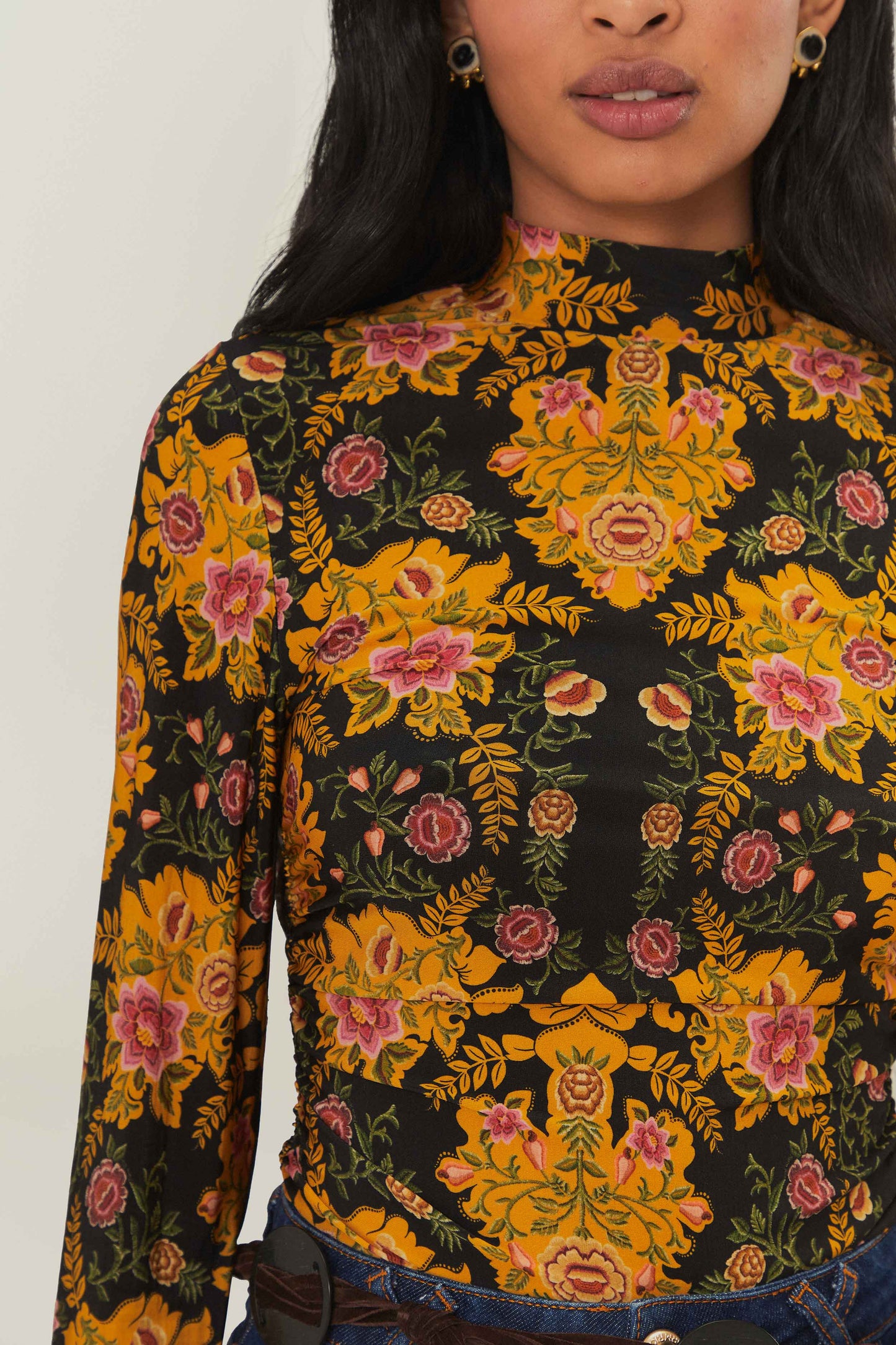 Black Arabesque Floral Jersey Blouse